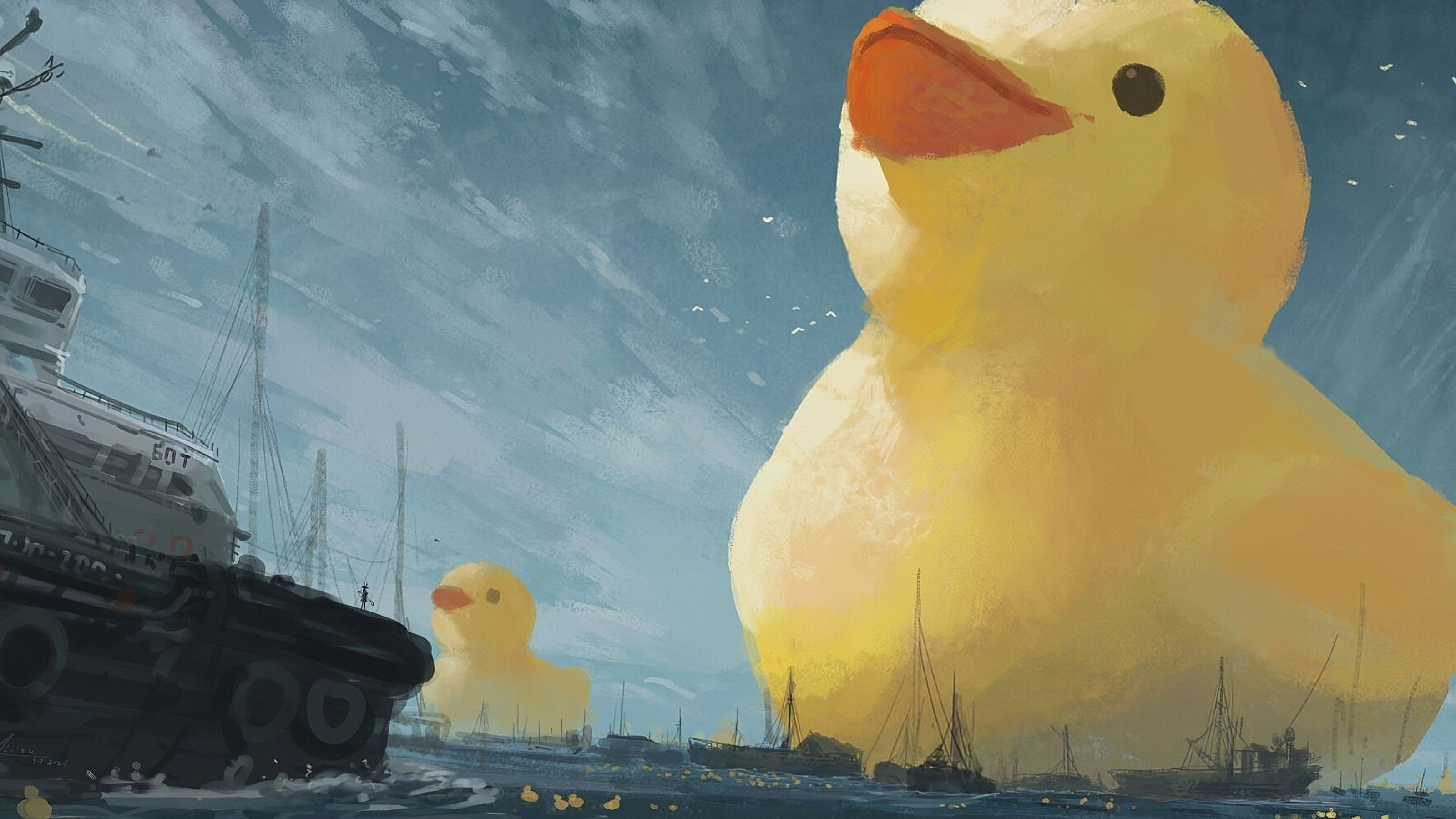 Duck Animals Water Painting Ship Birds 3200x1800