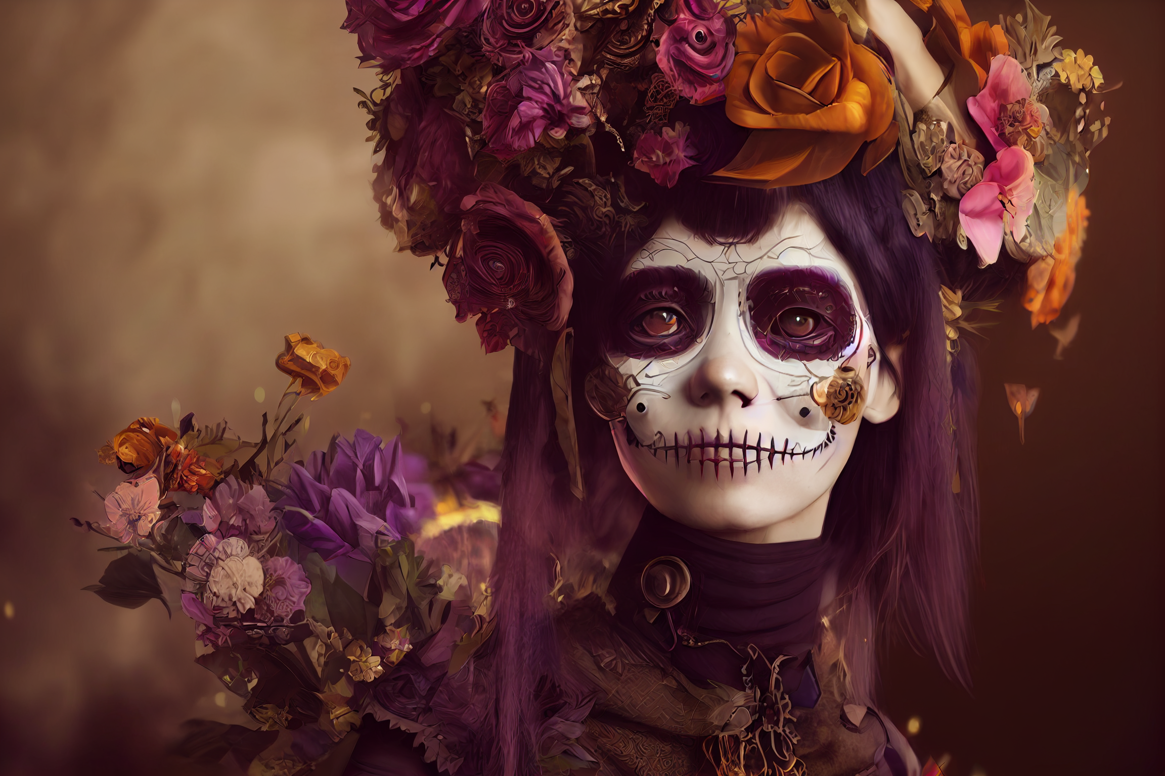 Ai Art Women Portrait Day Of The Dead Mexican Flower In Hair Makeup Dia De Los Muertos Flowers 2304x1536