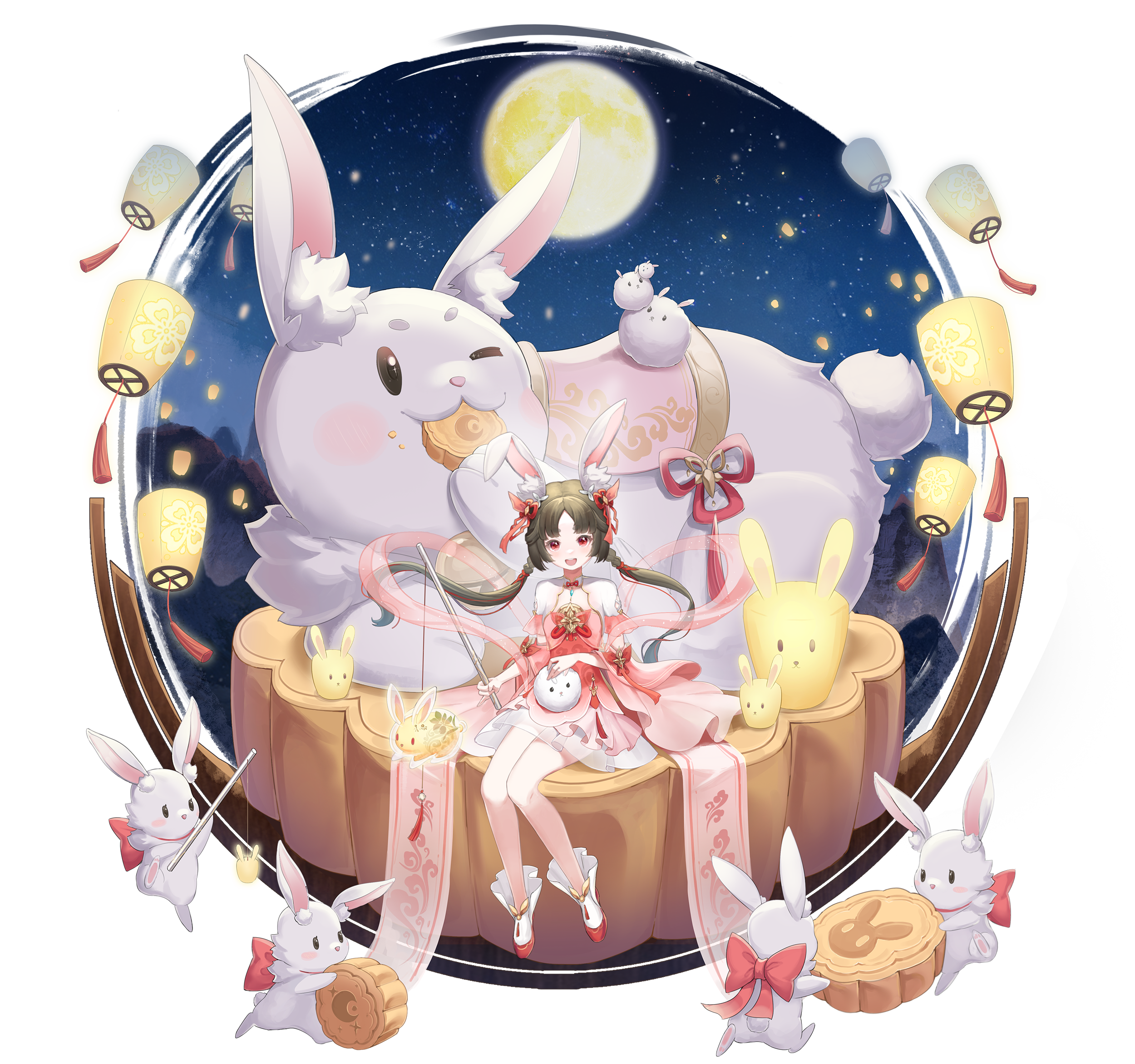 Aura Star Chinese Clothing Anime Girls Red Eyes Rabbits Lantern Moon Bunny Ears Animals 2500x2344