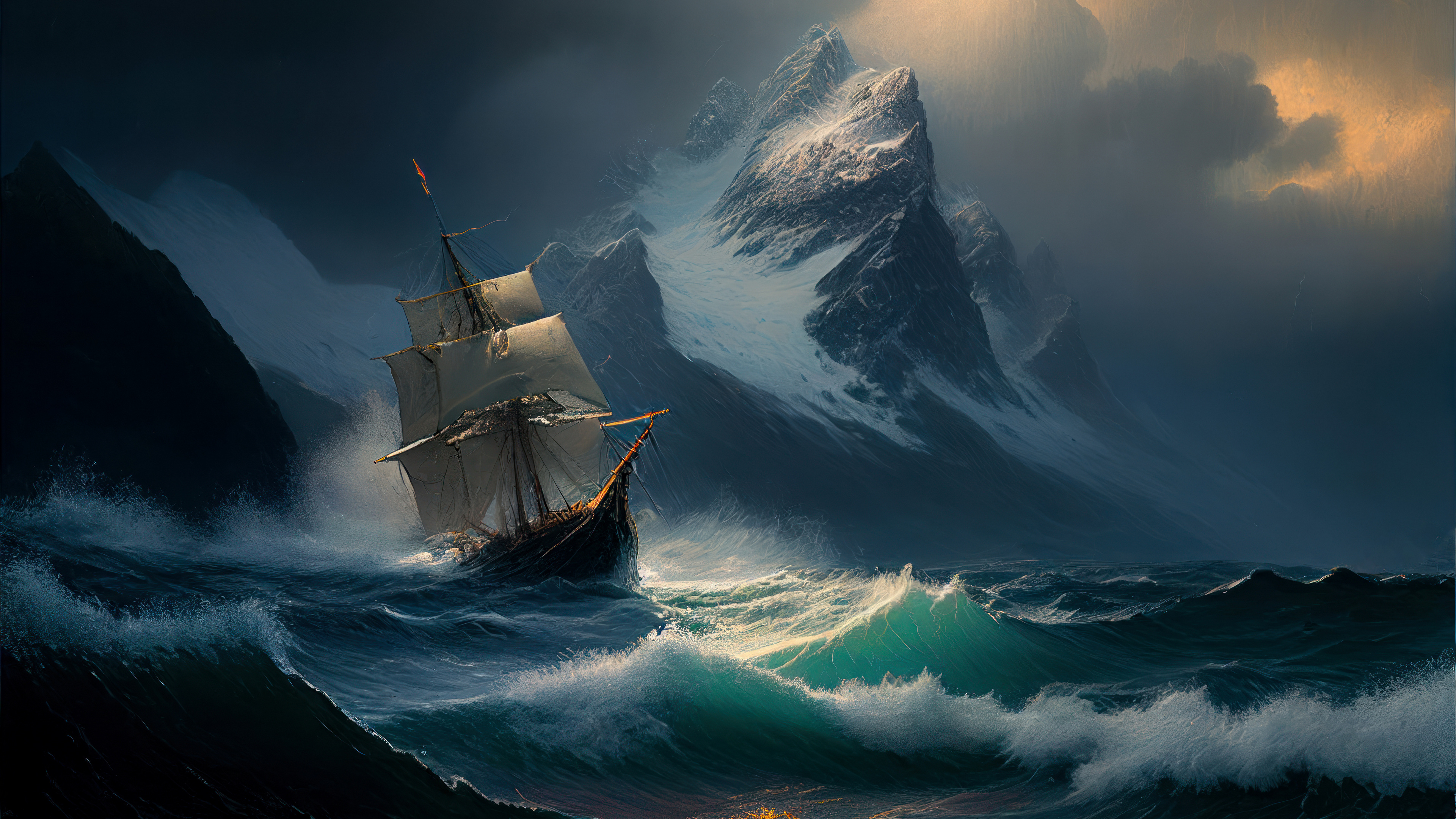 Storm Artwork Sea Ship Waves Coast Mountains Snow Winter Clouds Ai Art Water Boat 3840x2160