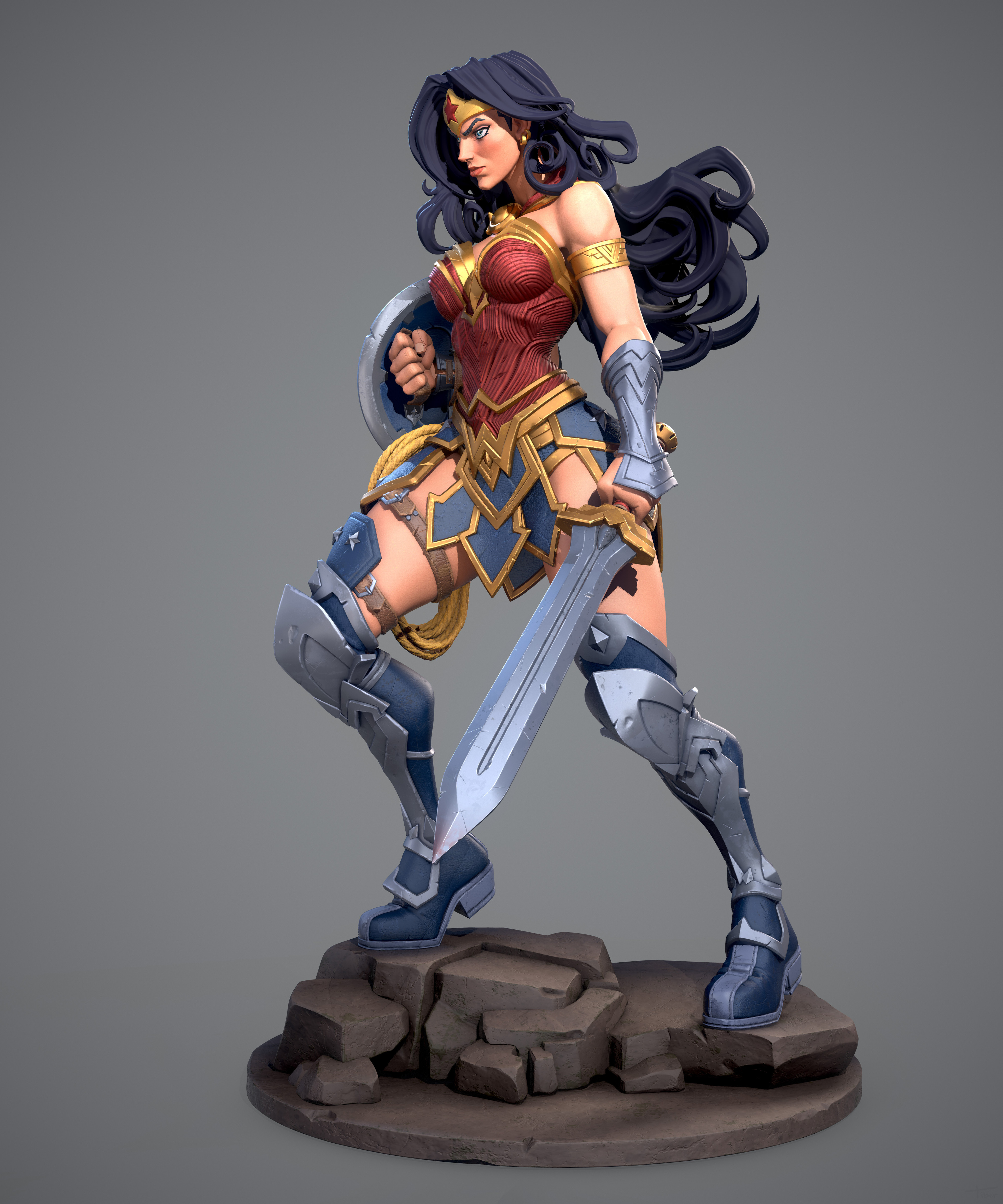 Superheroines Women Wonder Woman Artwork Gray Background Simple Background Long Hair Costumes Shield 3840x4608