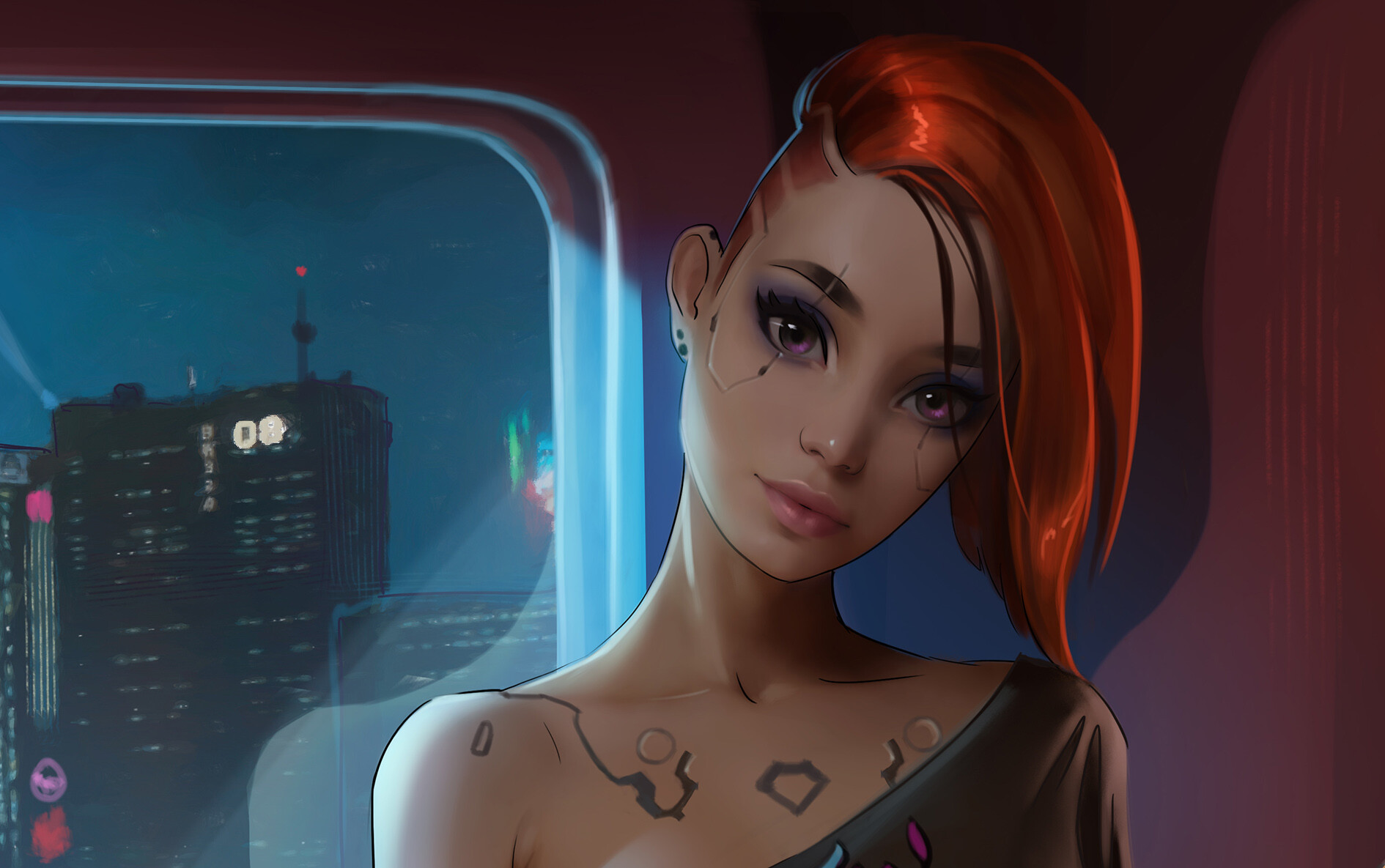 Women Cyberpunk Futuristic Science Fiction Women Digital Art Face Portrait Redhead Augmentation Look 1890x1185