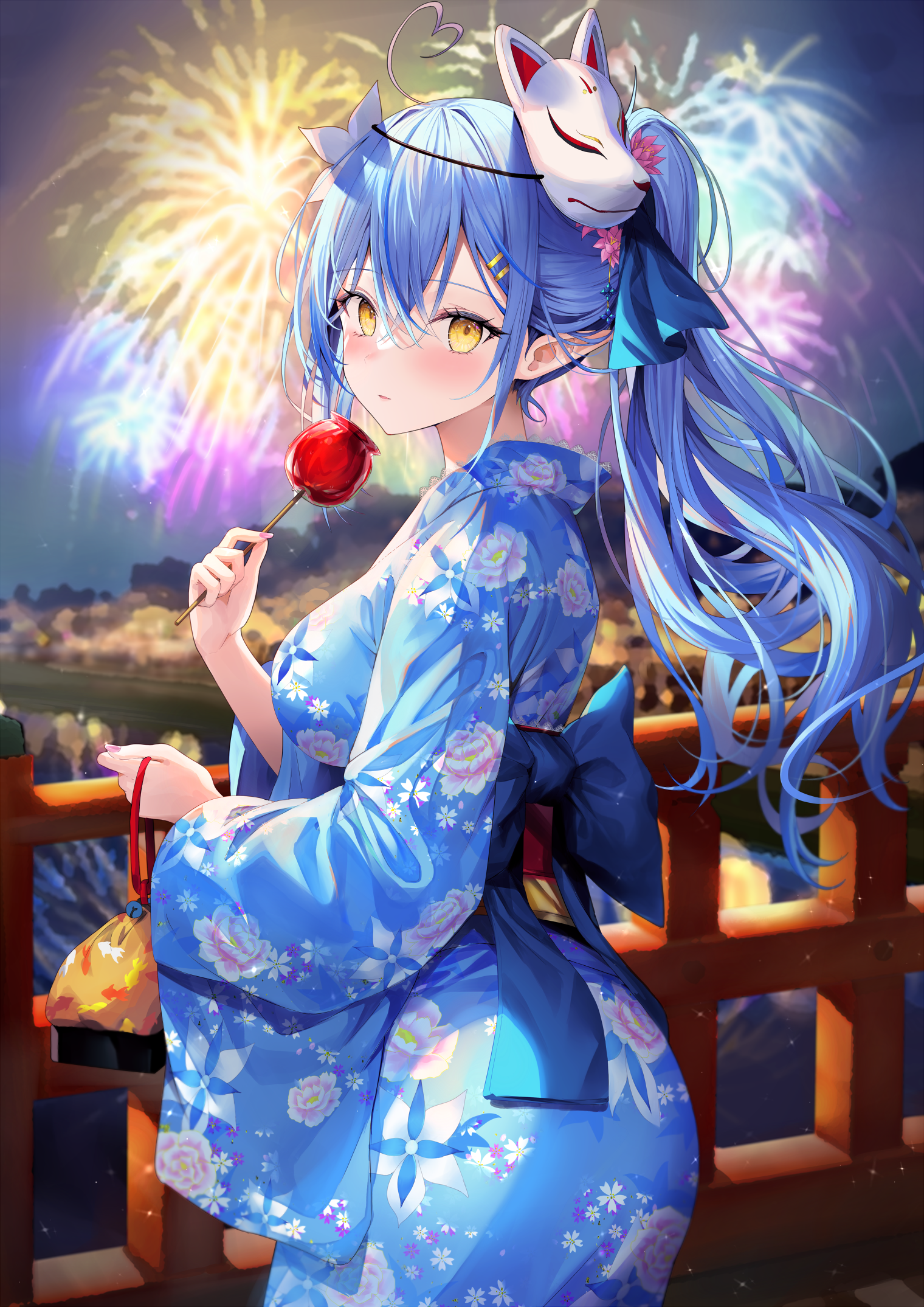 Anime Anime Girls Yellow Eyes Fox Mask Blue Hair Pointy Ears Candy Apple Fireworks Mask Yukihana Lam 1520x2149