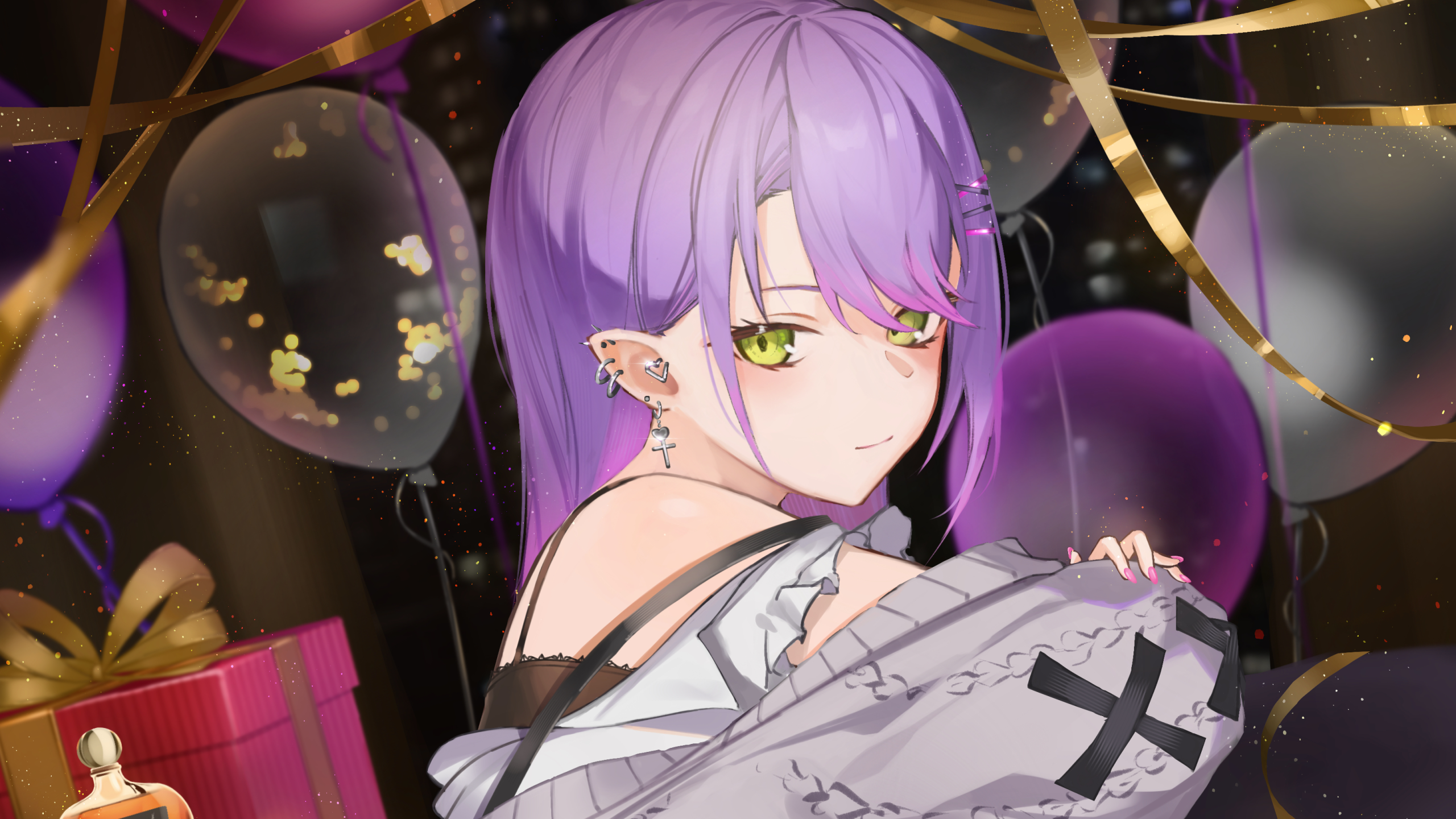 Anime Anime Girls Artwork Balloon Presents Green Eyes Purple Hair Piercing Looking At Viewer Earring 2560x1440