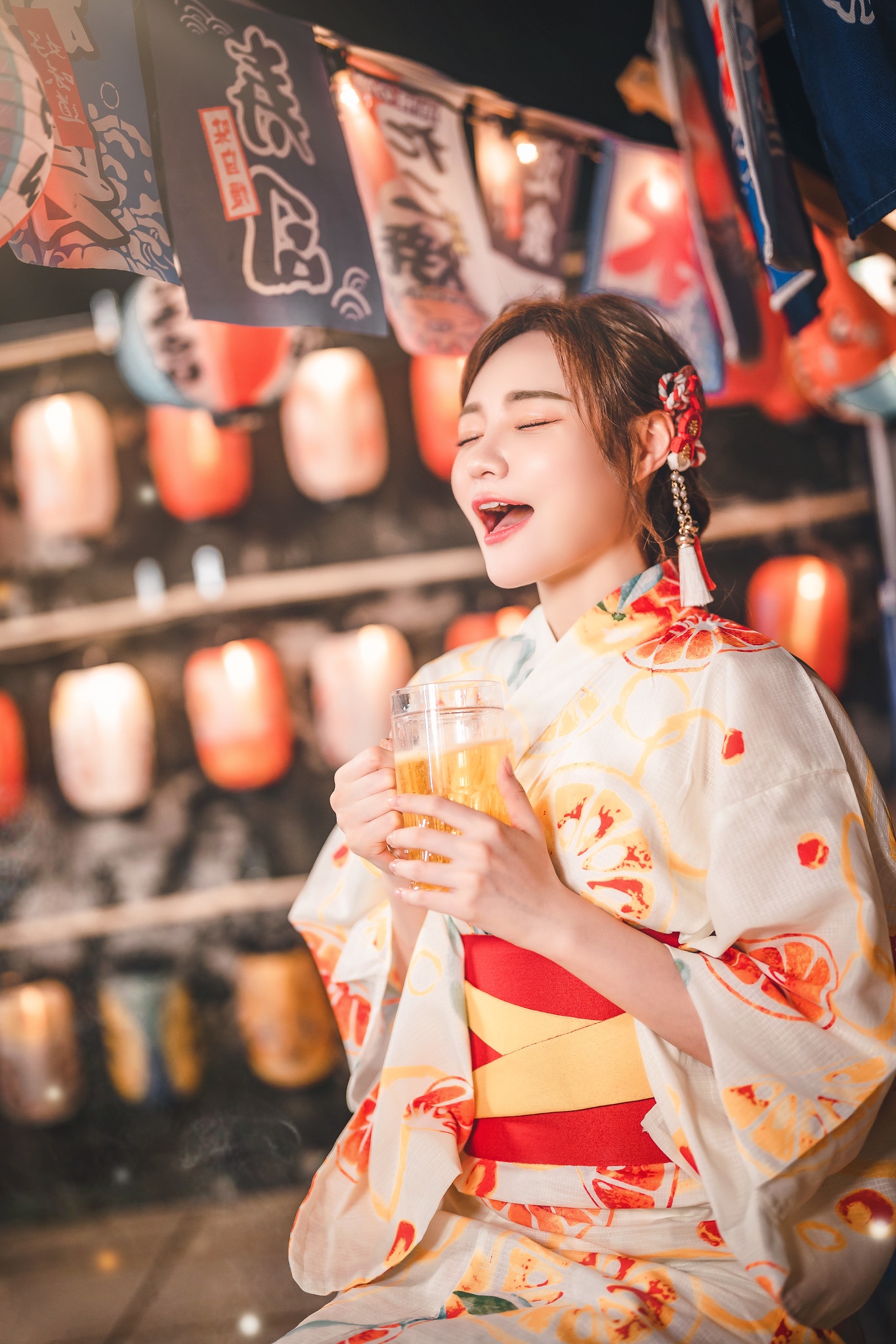 Asian Women Model Dress Open Mouth Closed Eyes Traditional Clothing Brunette Food Beer Alcohol Beer  1365x2048