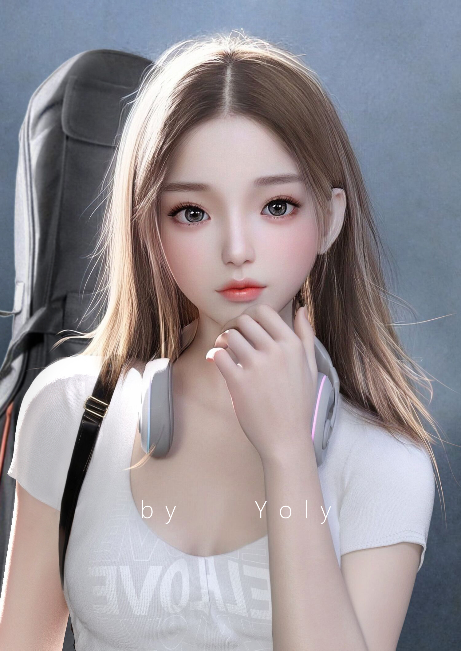 Yoly Asian Women CGi Digital Art Long Hair Earphones Girl Band Headphones 1500x2121
