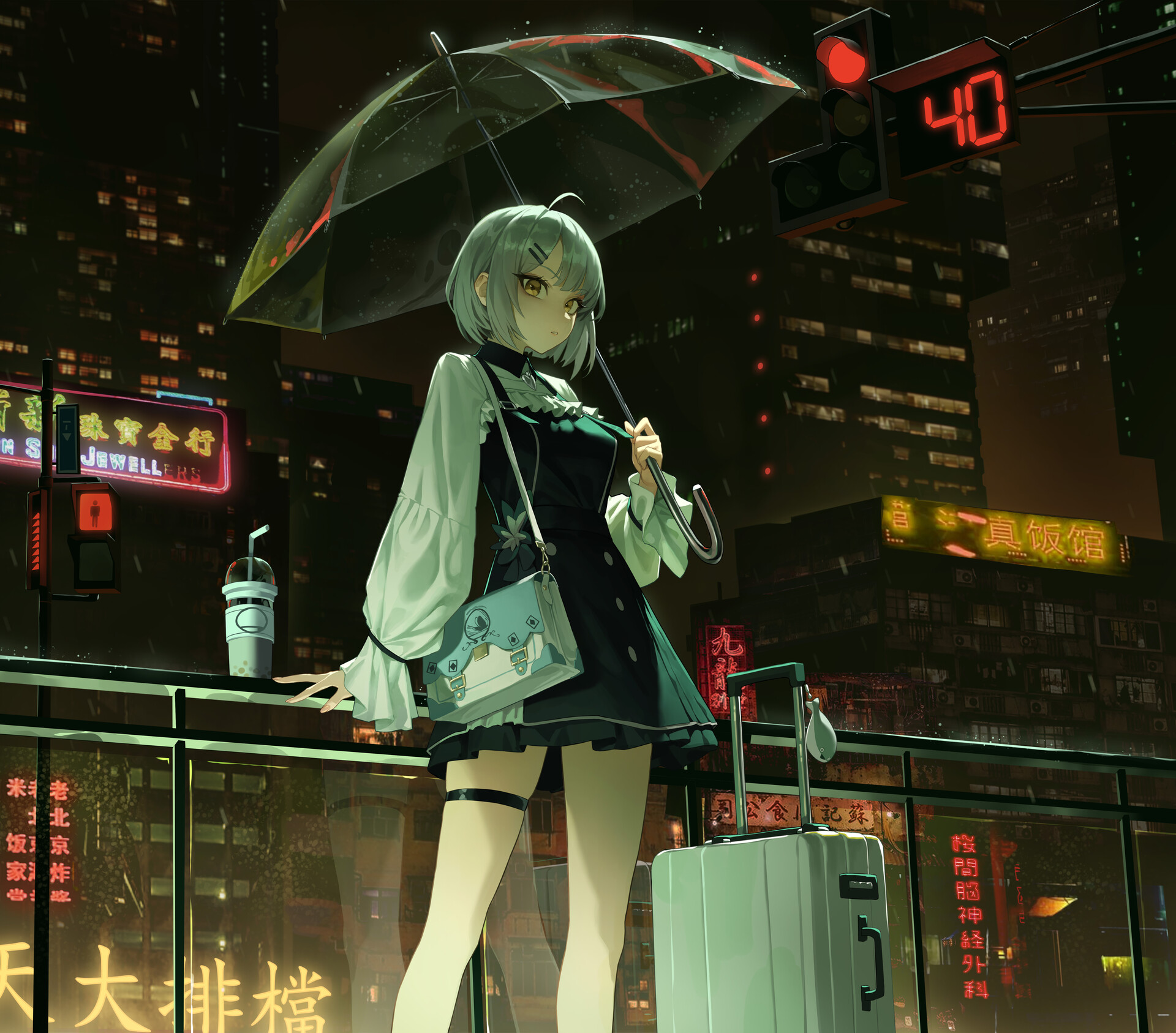 Digital Art Artwork Illustration Anime Anime Girls Women Umbrella City Night Road Sign Looking At Vi 1920x1687