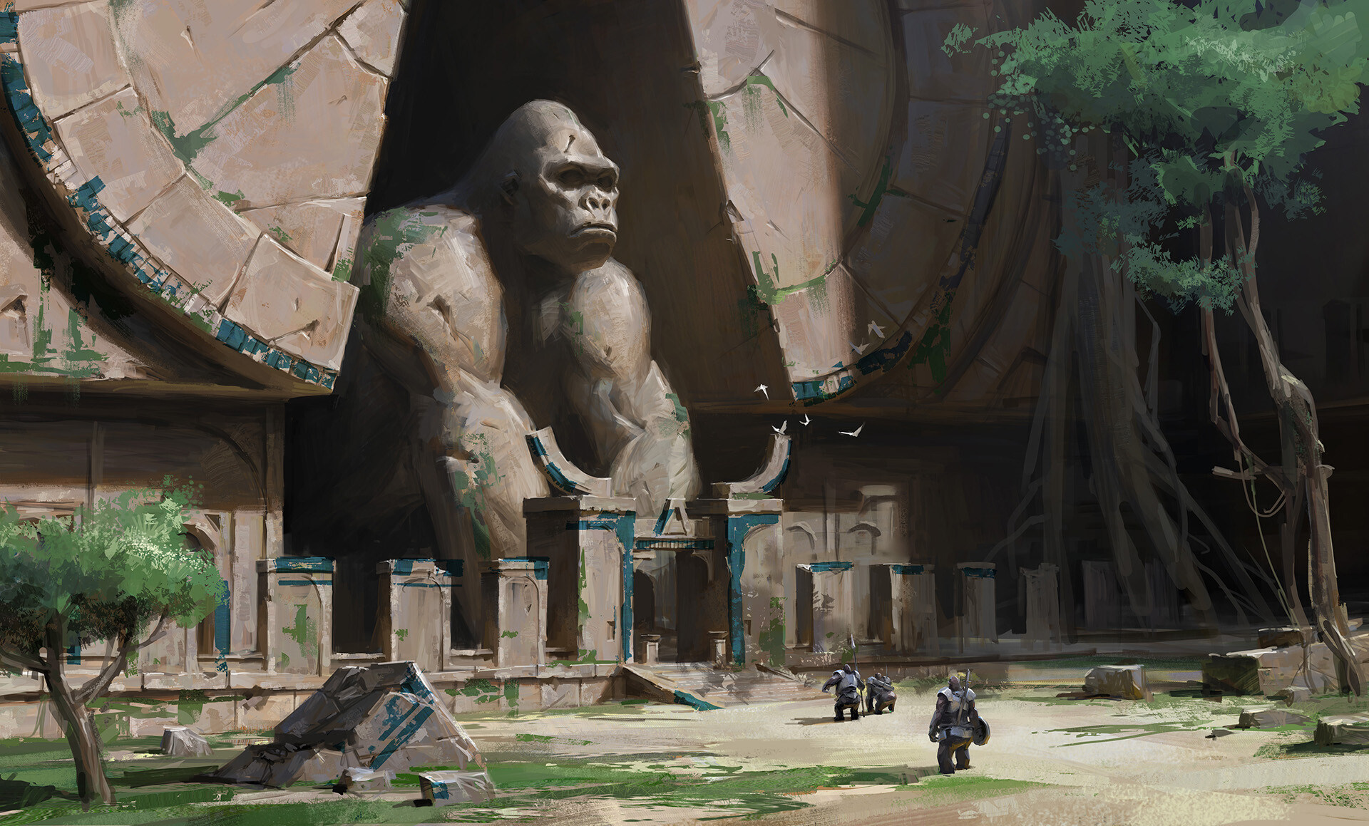 Artwork Temple Fantasy Art Gorillas Statue 1920x1159