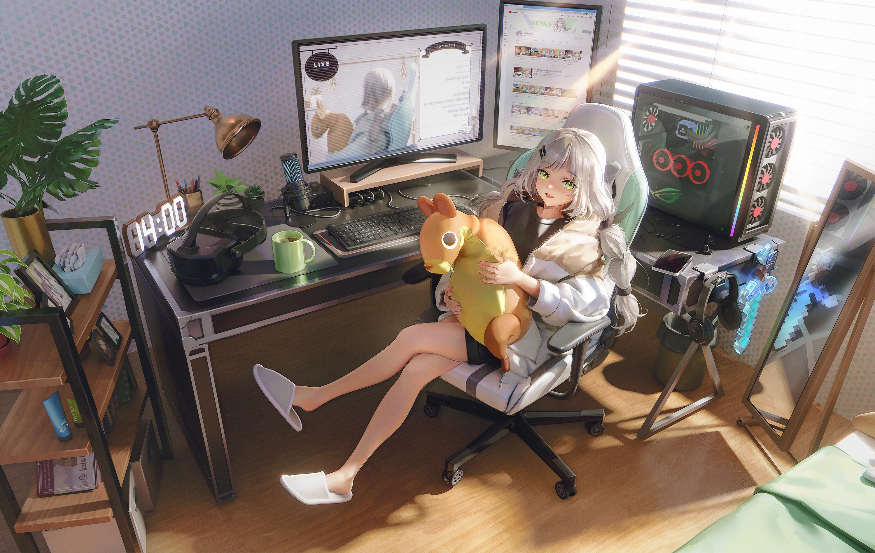 Green Eyes White Hair Anime Girls Computer VR Headset 3000x1895