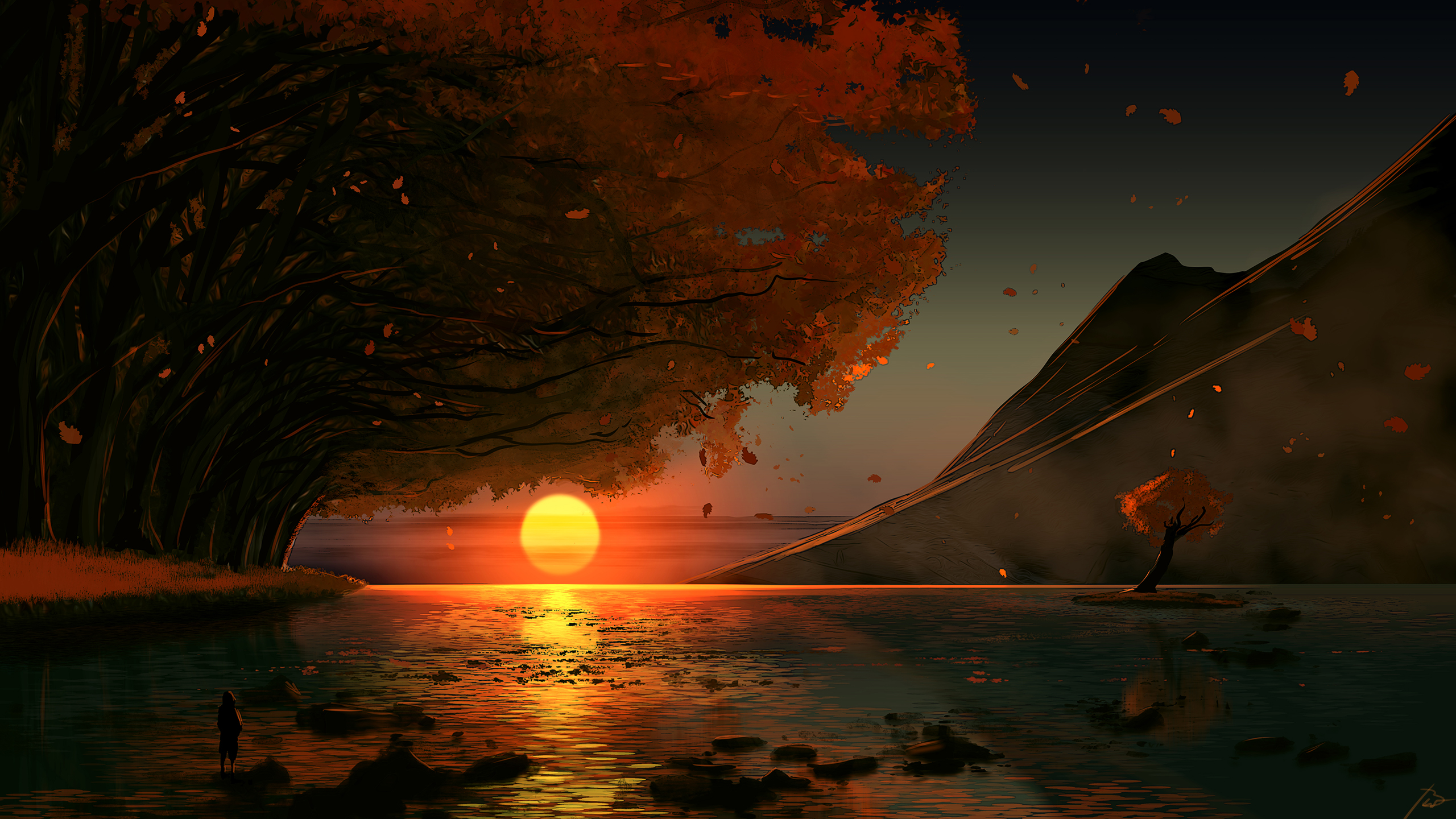 JoeyJazz Digital Painting Sunset Fallen Leaves Sun Water Petals 2560x1440