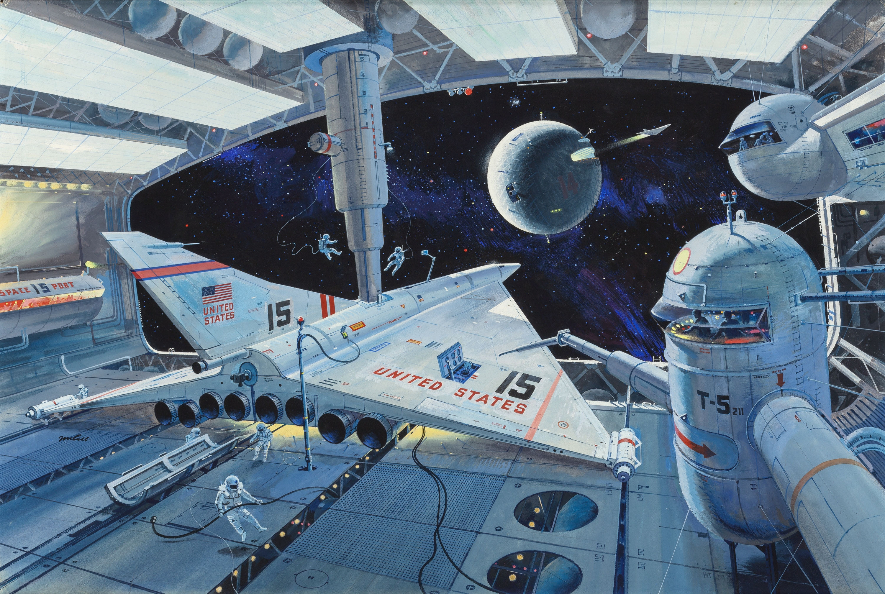 Spaceship Hanger Retro Science Fiction Astronaut USA Futuristic Space 3000x2014