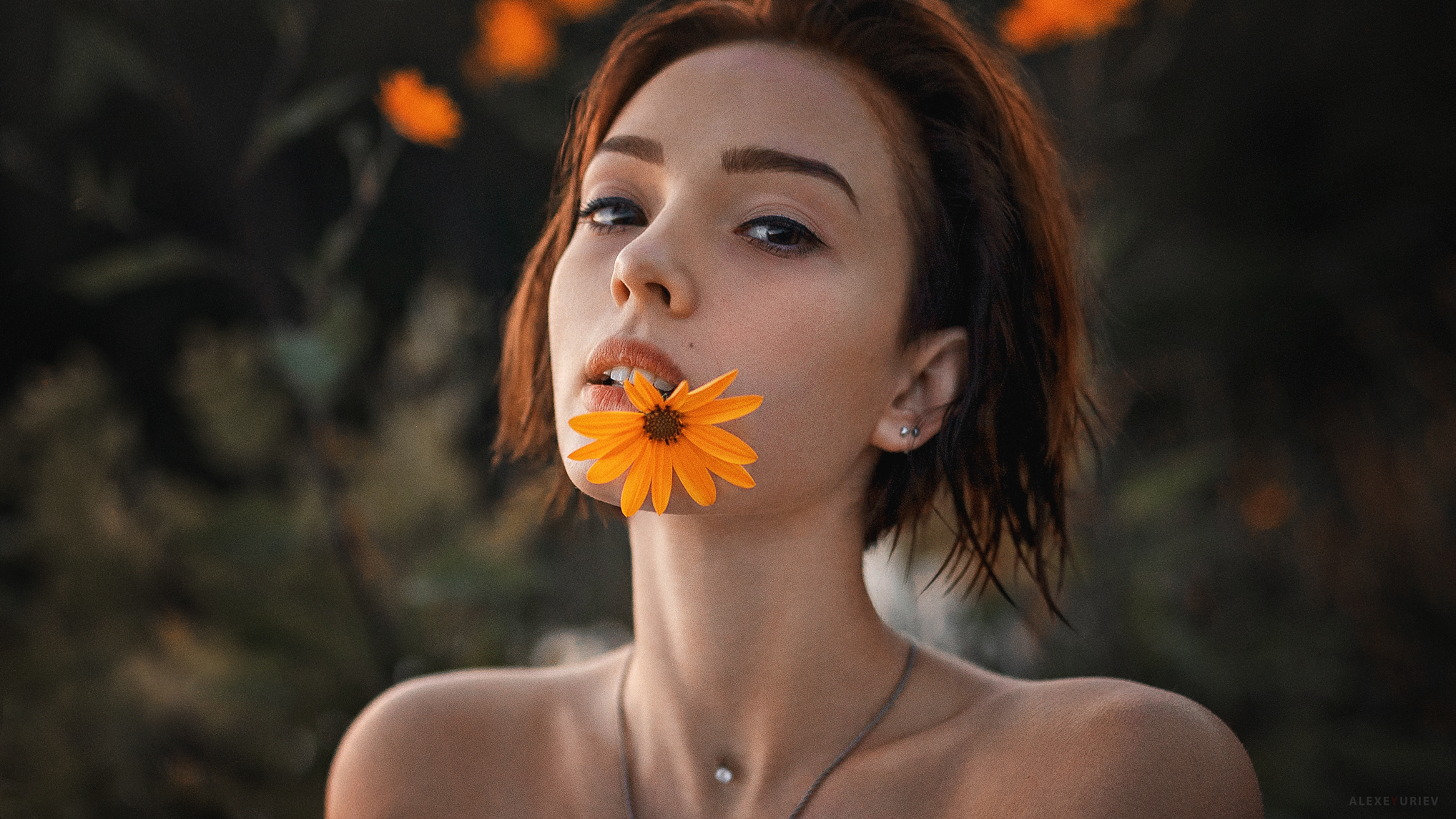 Aleksey Yuriev Women Brunette Short Hair Eyeliner Looking At Viewer Flowers Necklace Petals Glamour  2036x1145