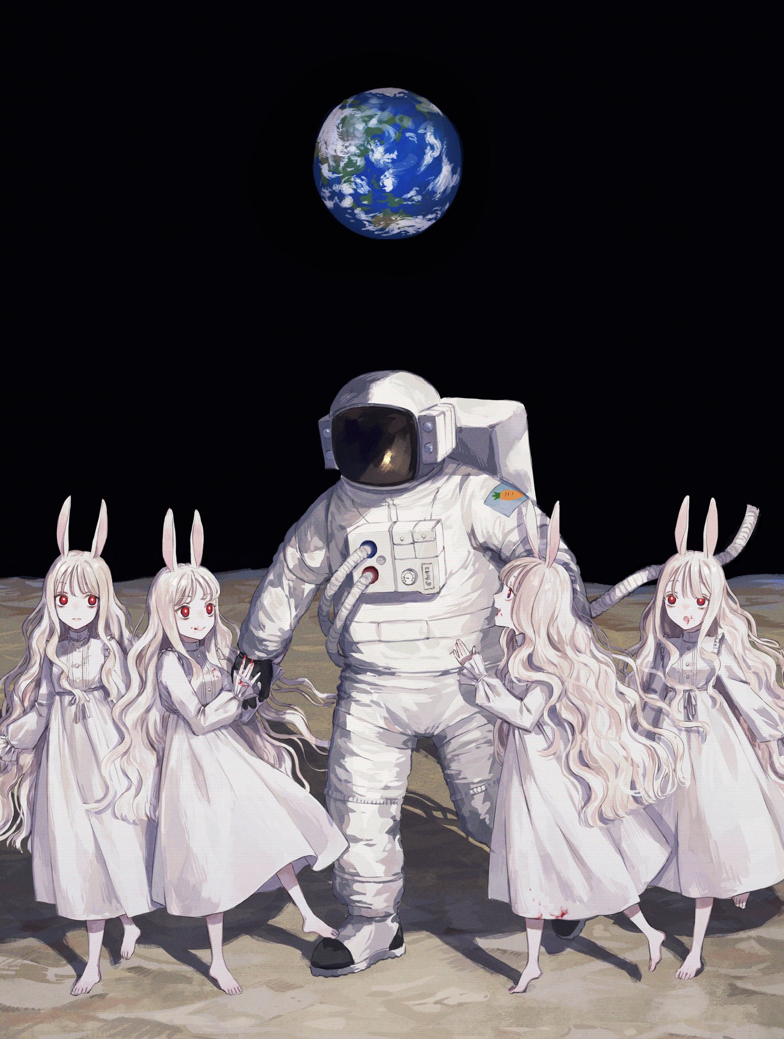 Bunny Ears Astronaut Moon Earth Anime Girls Portrait Display Space White Hair White Dress Red Eyes B 1546x2048