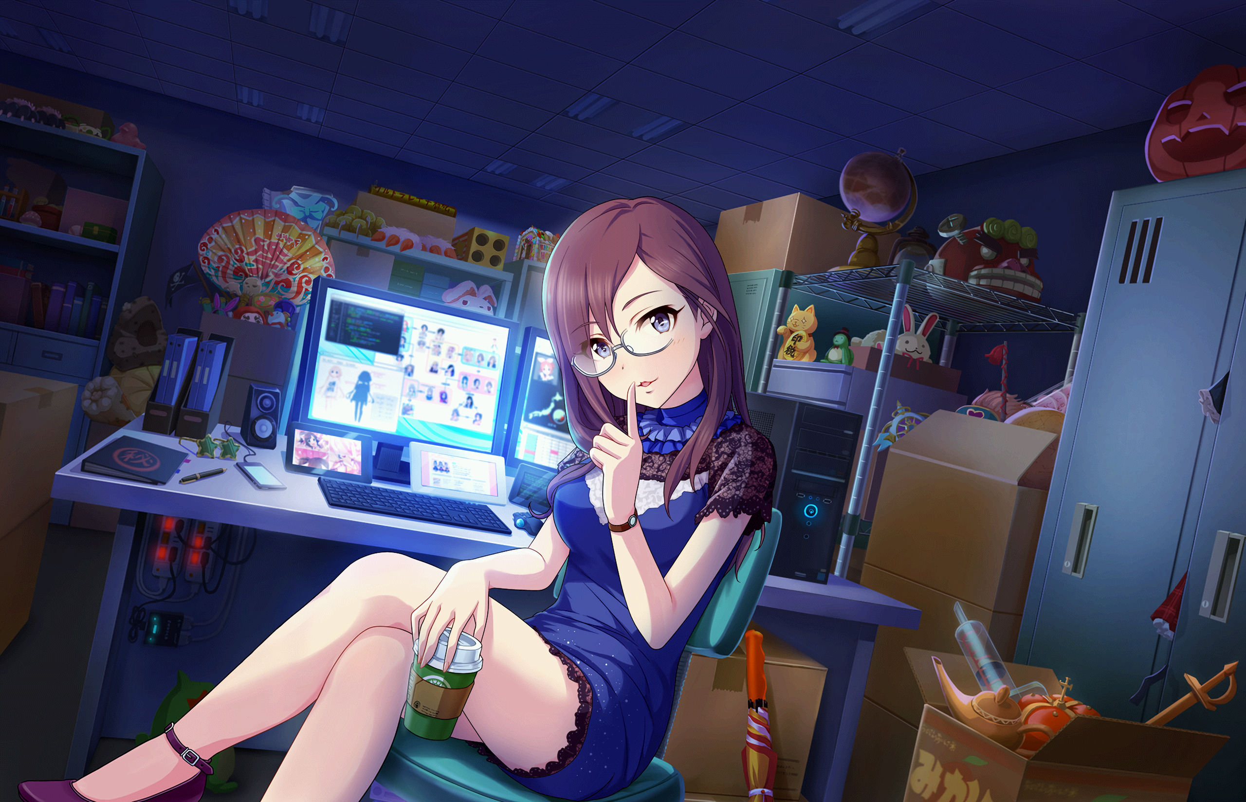 Computer Screen Computer Glasses Brunette Anime Girls Coffee 2560x1648