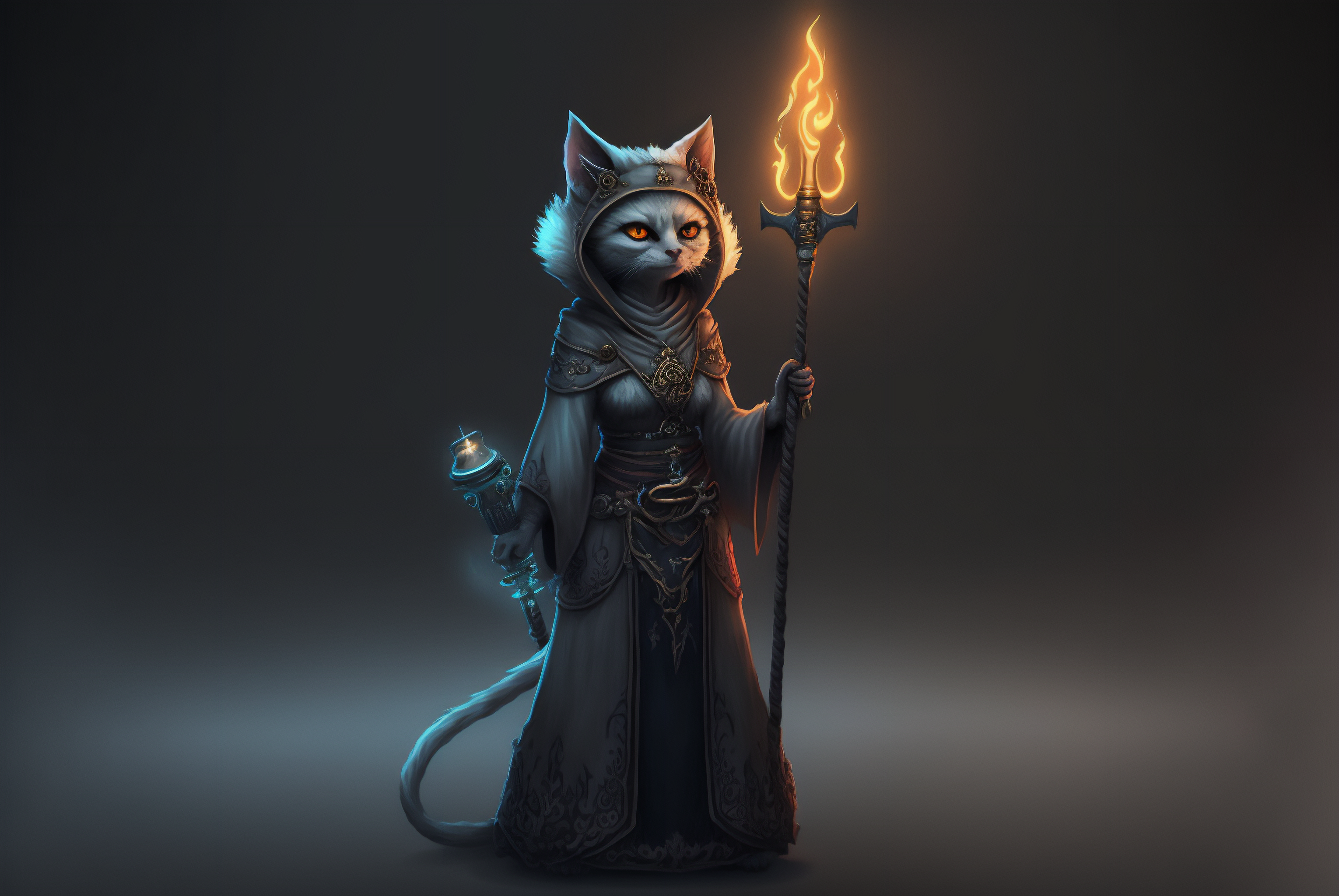 Ai Art Women Character Design Cats Magician Fire Simple Background Minimalism 3060x2048