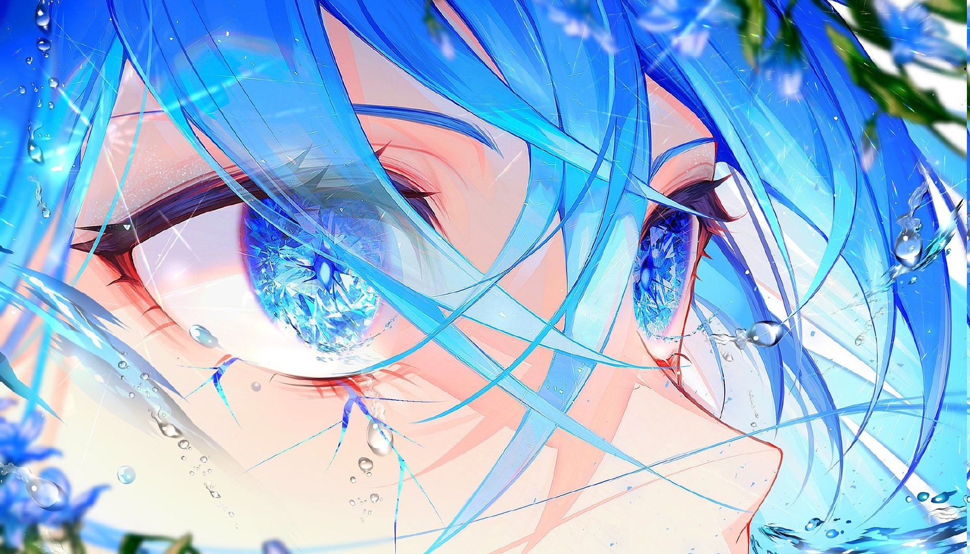 11 Eyes EYE Divine Cybermancy 5 Eyes Anime Girls Blue Hair Blue Eyes Face Water Drops 1892x1080
