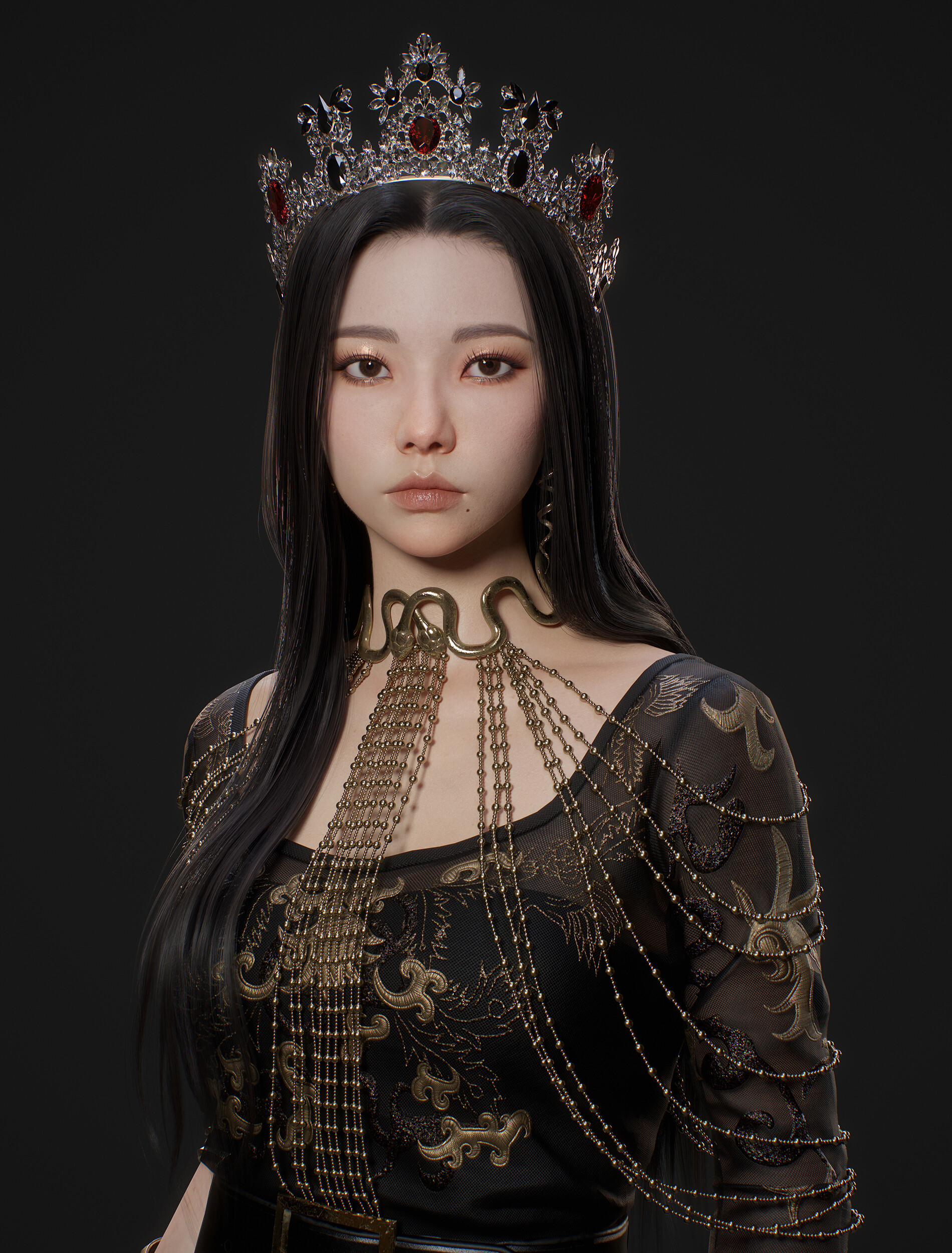 Soyeon Jeong CGi Women Brunette Crown Dress Black Clothing Simple Background Glamour Portrait Aespa  1900x2500