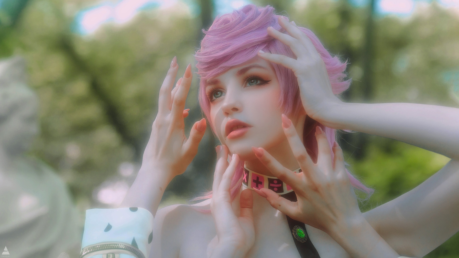 Women Pink Hair Eyeliner Hands Portrait Dyed Hair Cosplay Painted Nails Looking Away 1920x1080