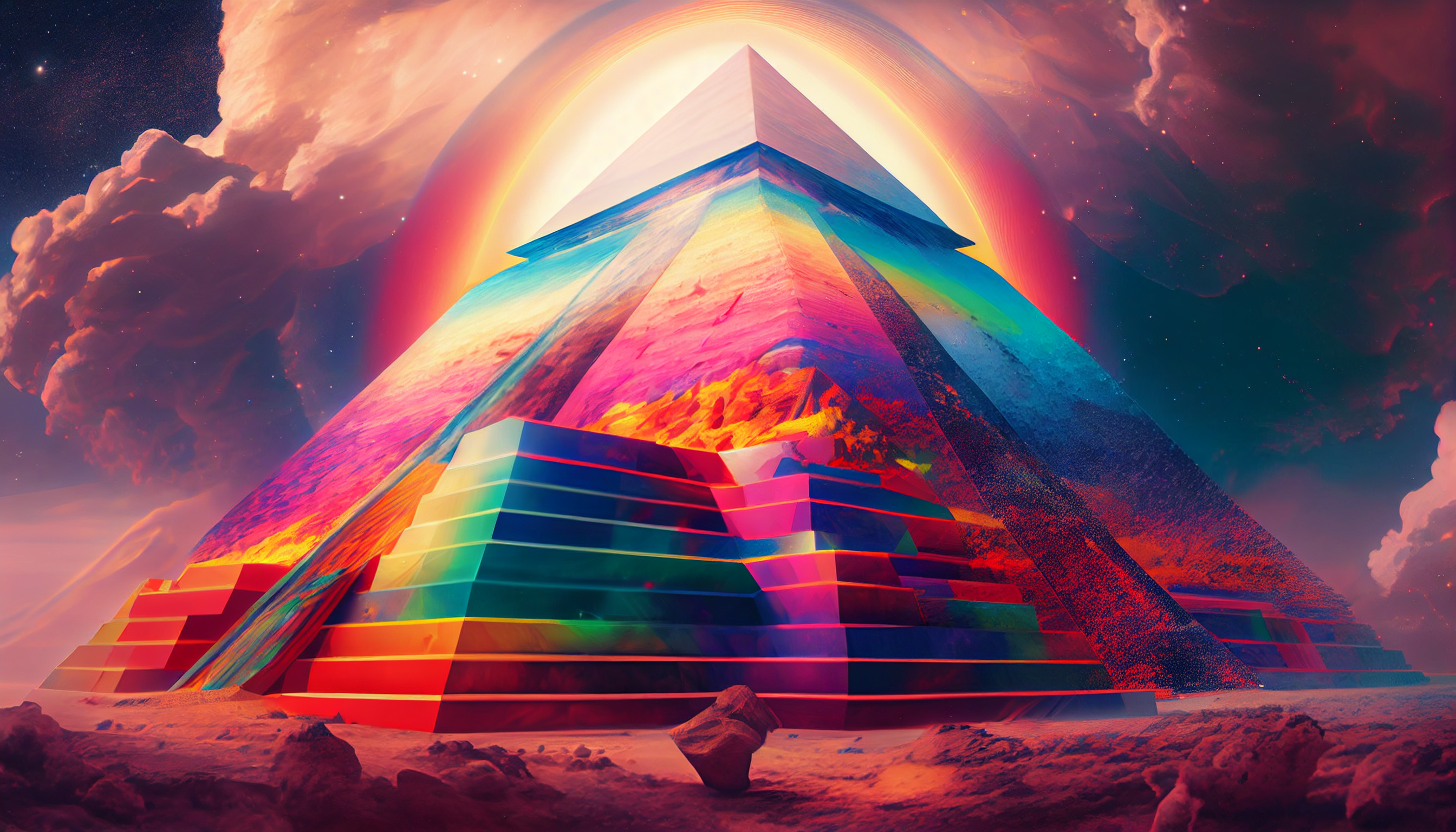 Pyramid Overcast Ai Art Midjourney Landscape Architecture Trippy Spectrum Colorful Desert Stars 2688x1536
