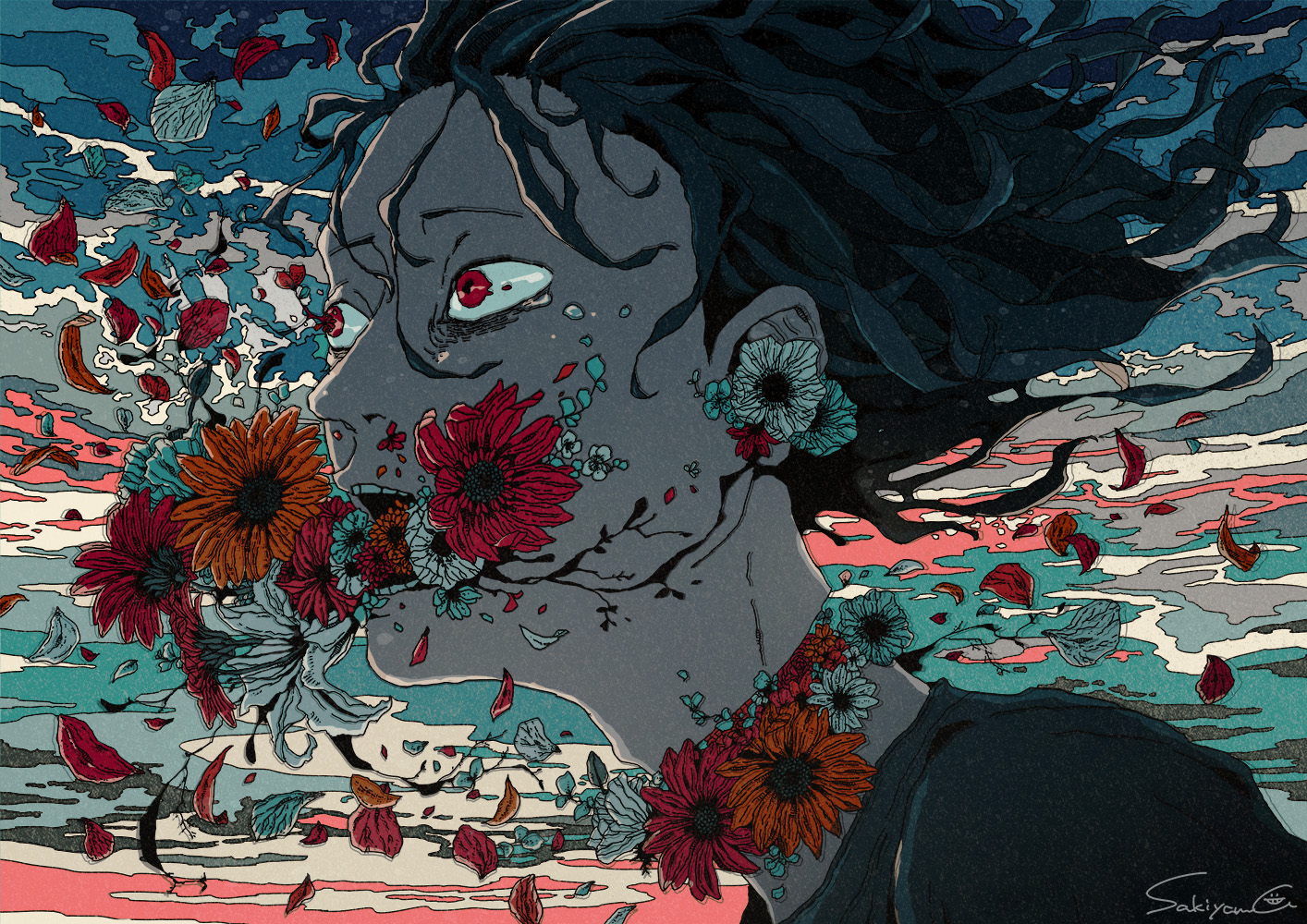 Anime Boys Flowers Red Eyes Petals Tears Messy Hair Looking Away Open Mouth 1414x1000