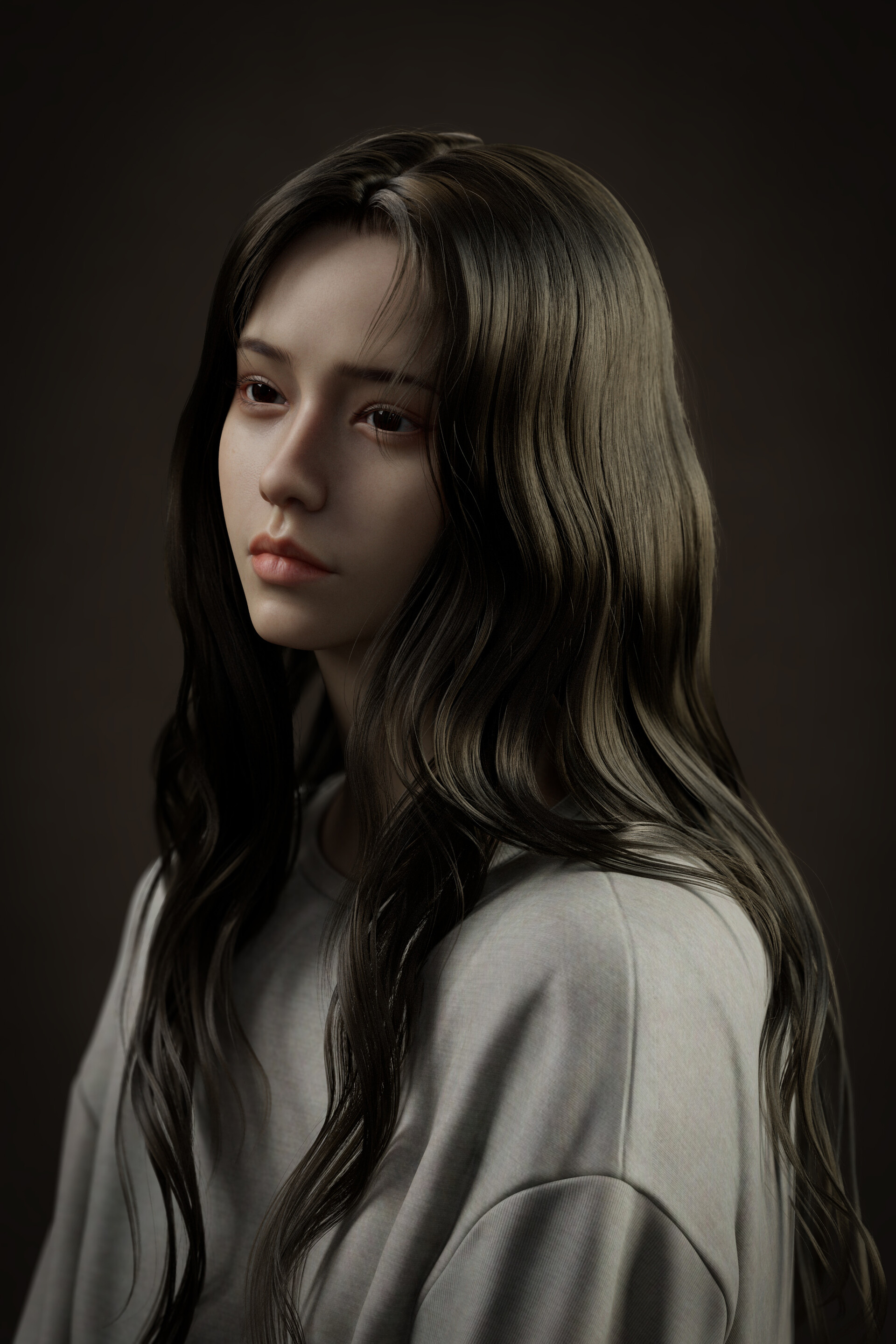 Michael Mao CGi Women Long Hair Casual Simple Background Portrait Display Wavy Hair Minimalism 1920x2880