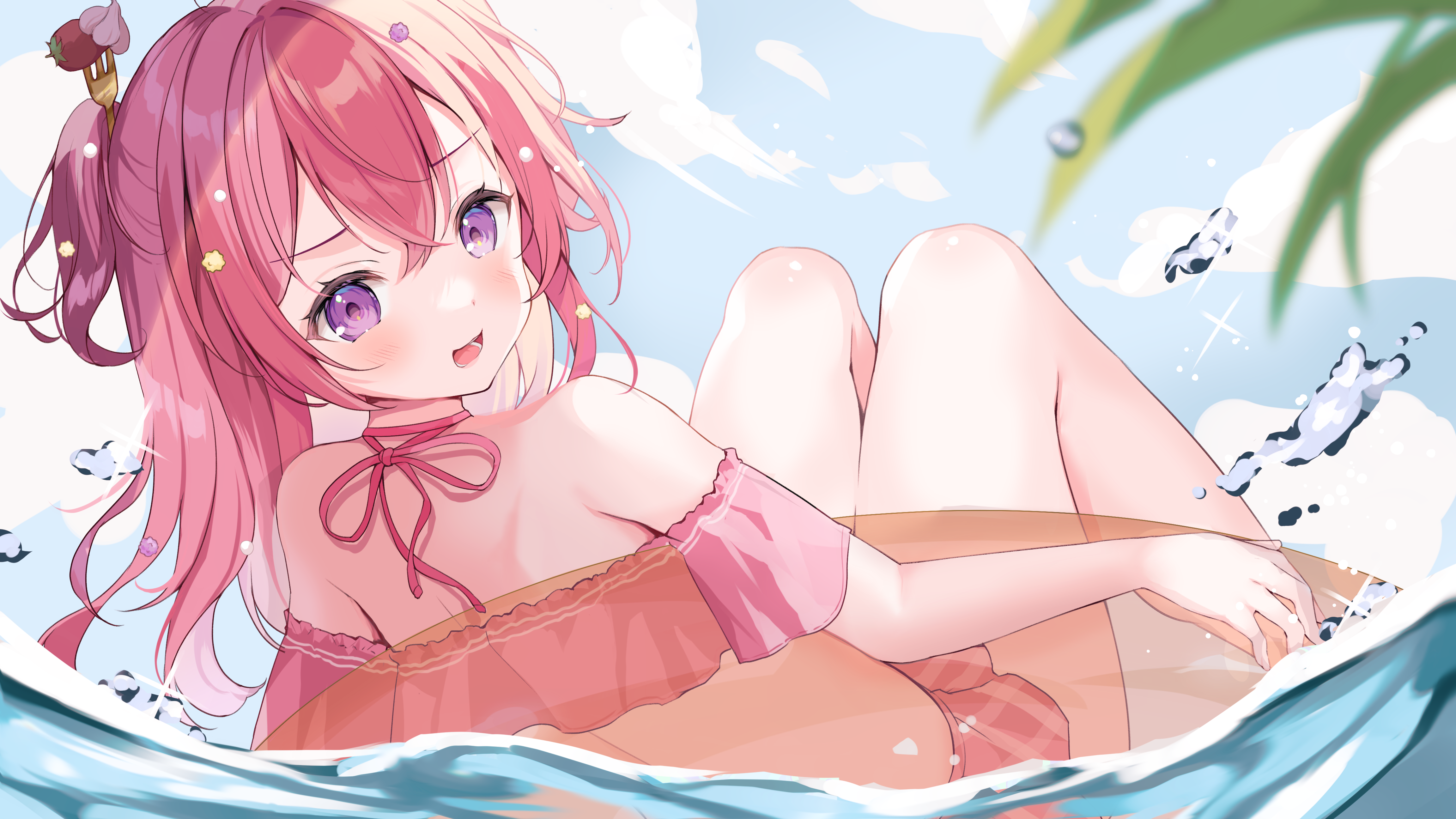 Anime Anime Girls Water Leaves Water Drops Blushing Looking At Viewer Redhead Clouds Purple Eyes Sky 4608x2592