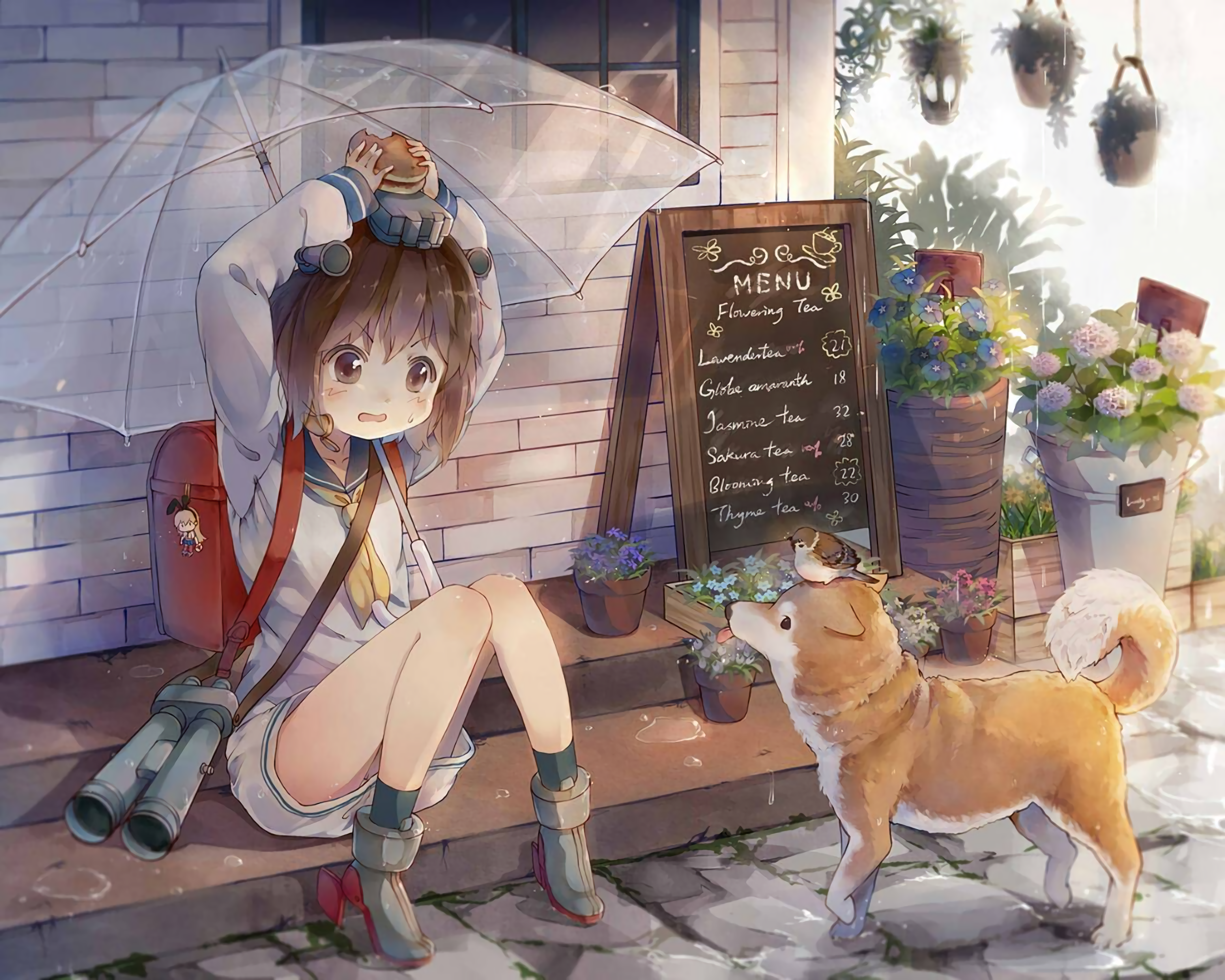 Anime Girls Children Umbrella Dog Rain Plants Flowers Schoolgirl School Uniform Backpacks 4330x3464