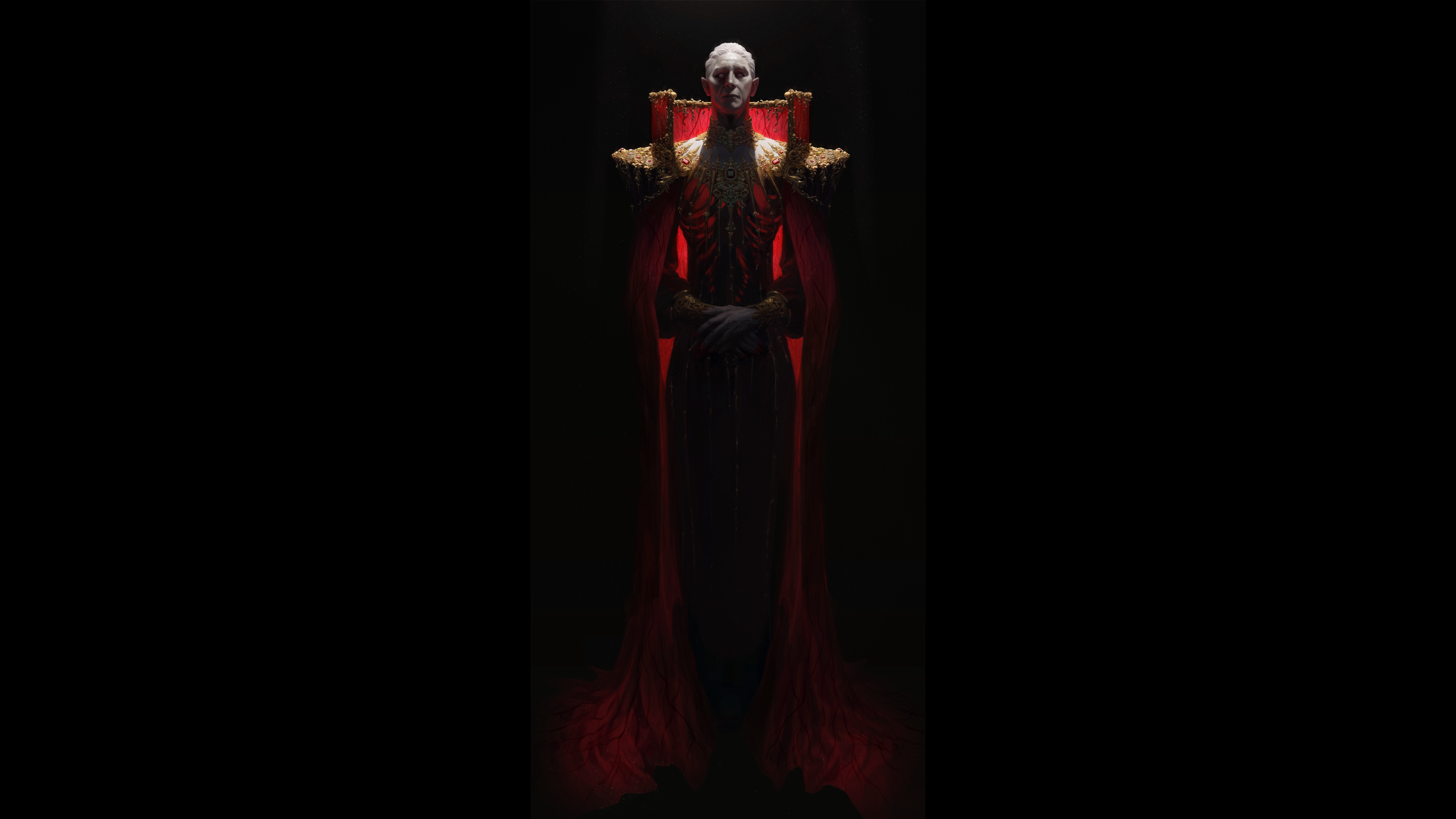 Dark Background Vampires Cape Jewel White Hair Original Characters Standing Pointy Ears Looking At V 7081x3983