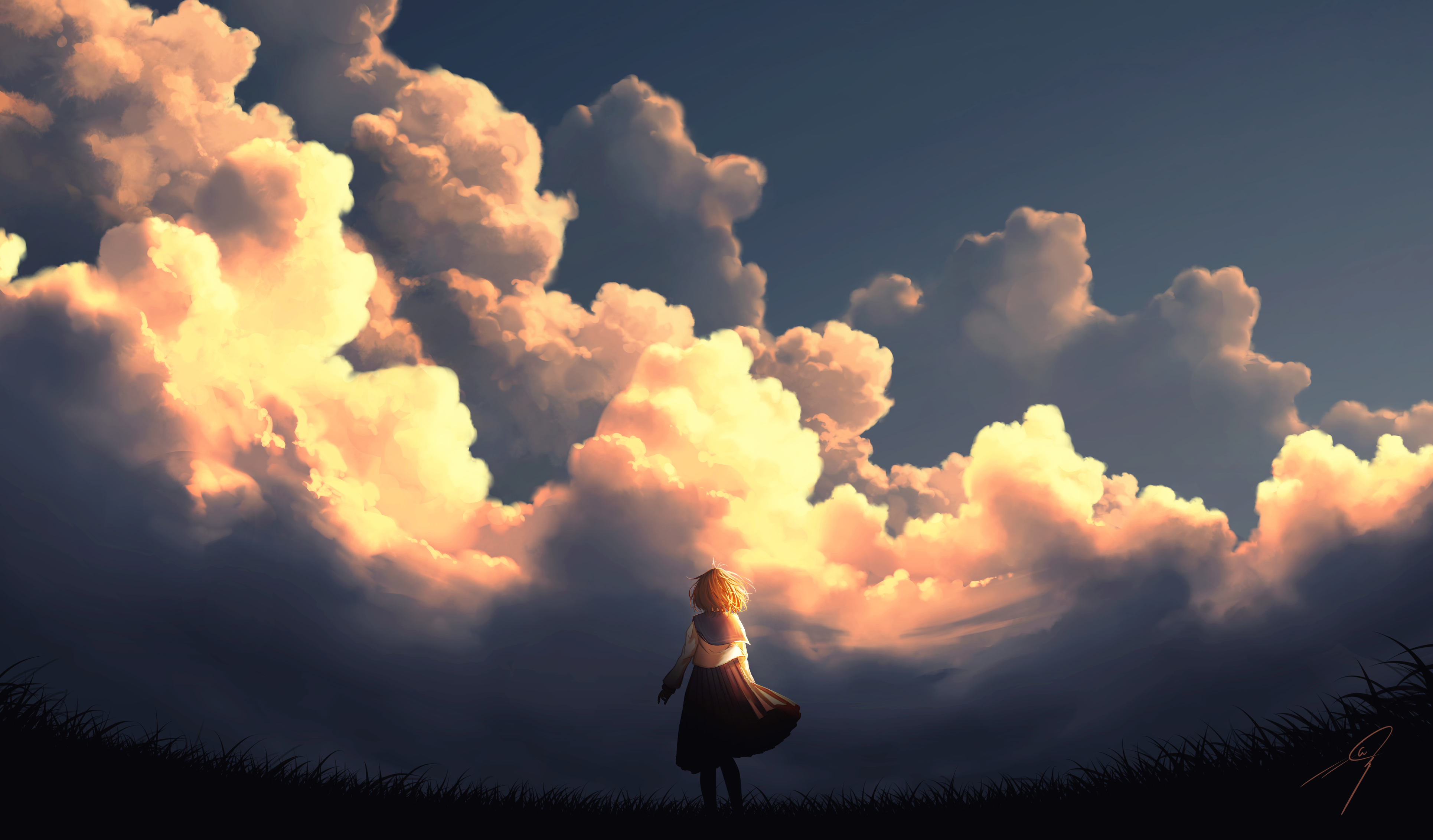 Nengoro Digital Art Artwork Illustration Golden Hour Clouds Landscape Women School Uniform Sky Sunse 3860x2263