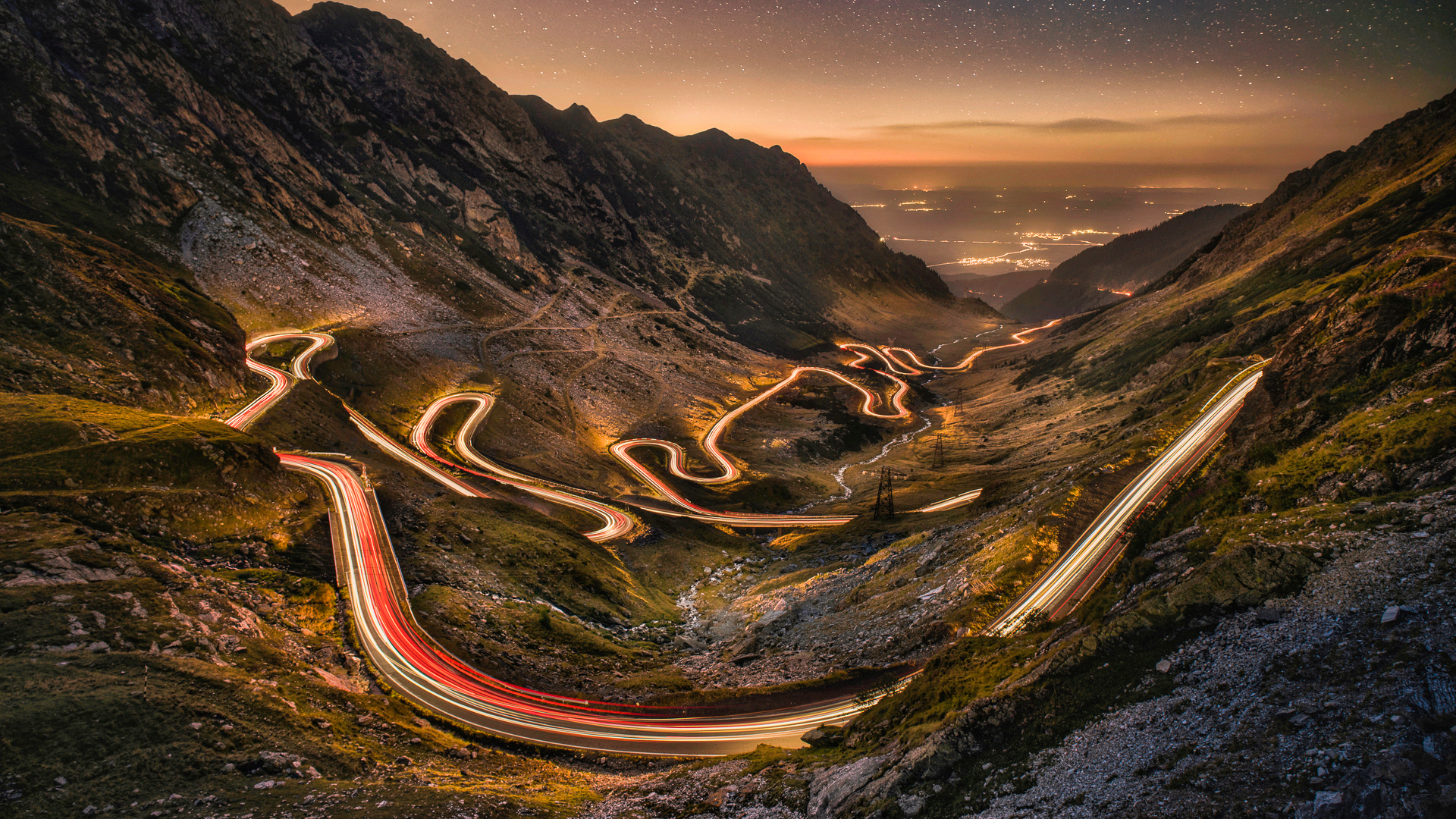 Night Road Light Trails Mountains Landscape Urban 1920x1080