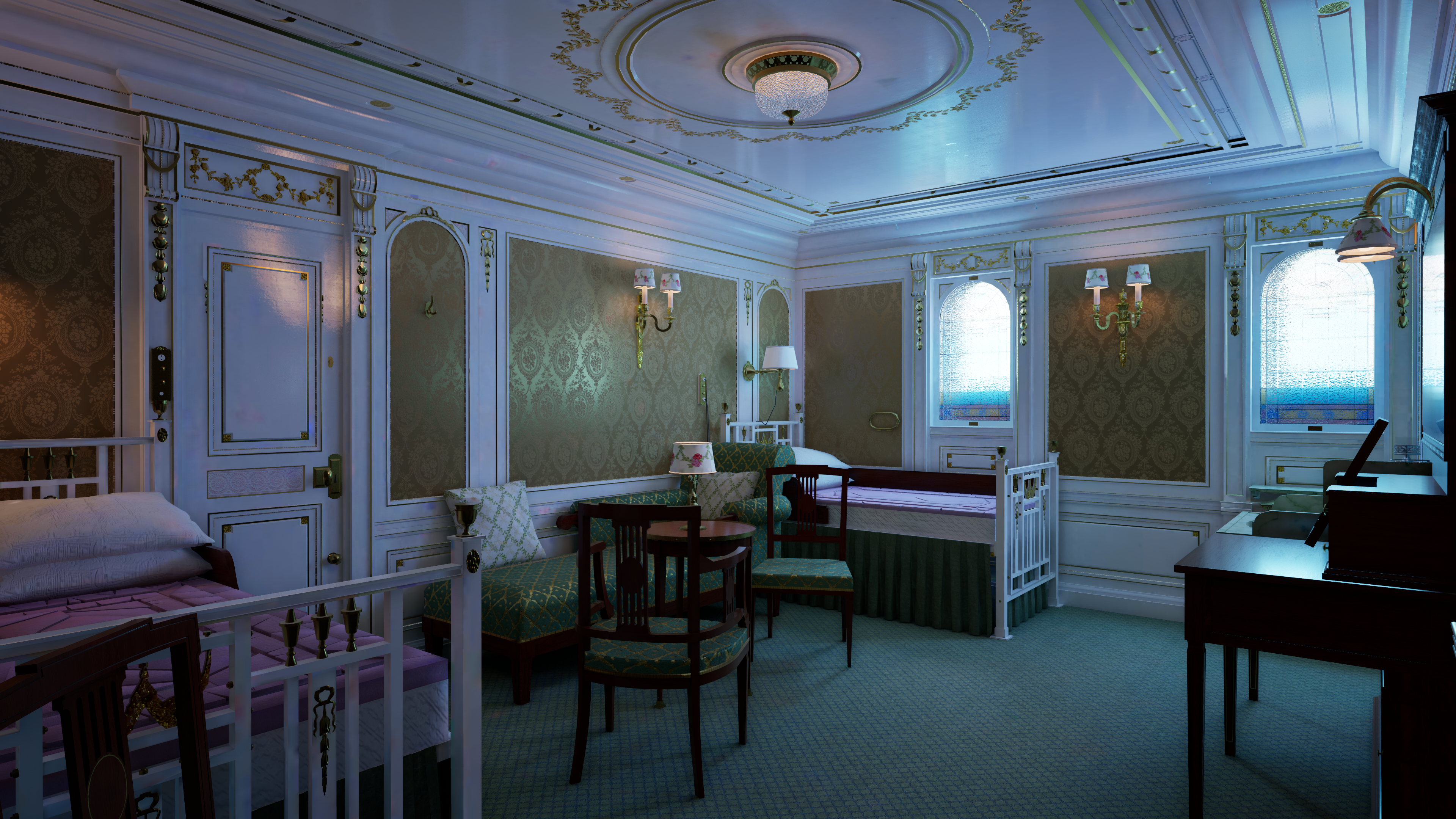 Nvidia RTX Titanic CGi Digital Art Interior Bed Chair Table Lamp Window Piano Musical Instrument 3840x2160