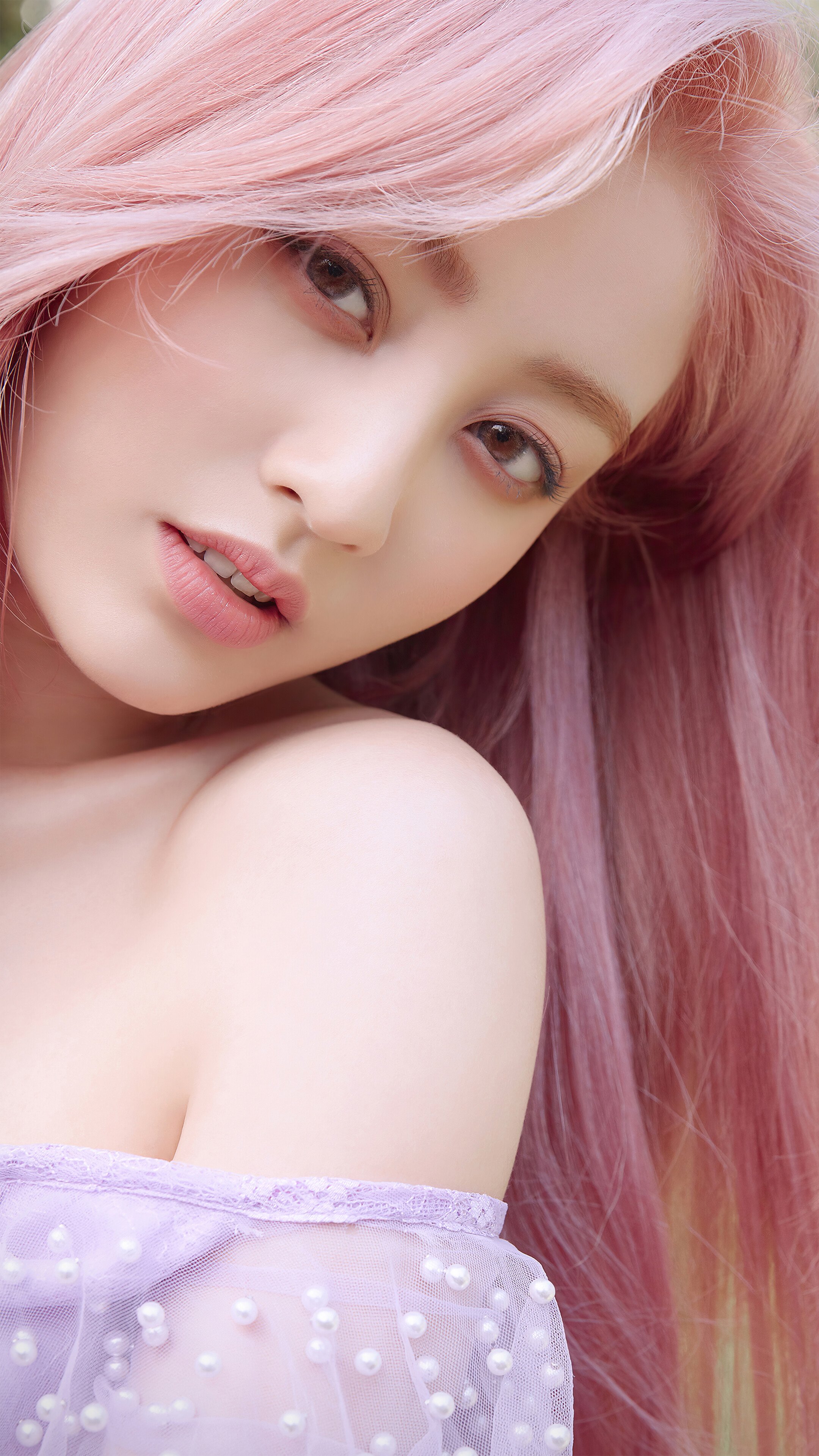 Asian Women Jihyo Twice Jihyo Singer Portrait Display Pink Hair Bare Shoulders Long Hair Looking At  2160x3840