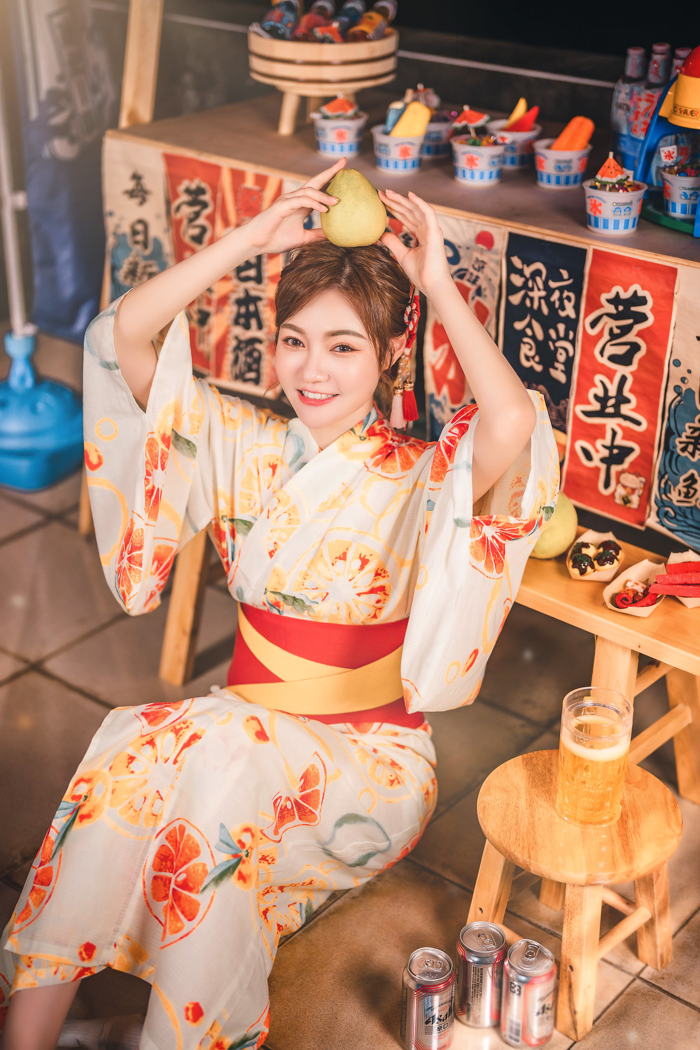 Asian Women Model Food Fruit Traditional Clothing Sitting Smiling Looking At Viewer Beer Can 1365x2047