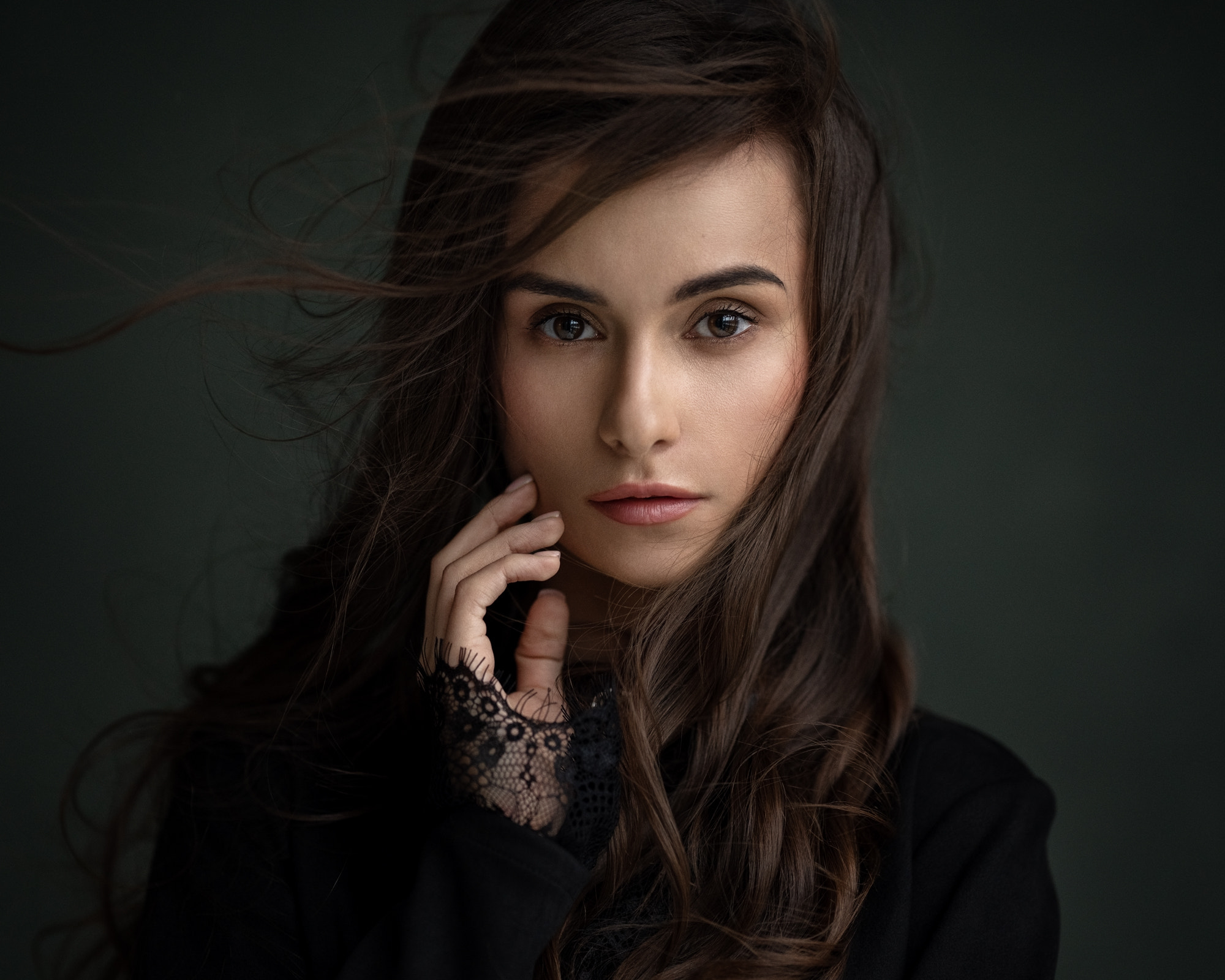 Aleksandr Kurennoi Women Brunette Long Hair Wind Black Clothing Brown Eyes Portrait Simple Backgroun 2000x1600