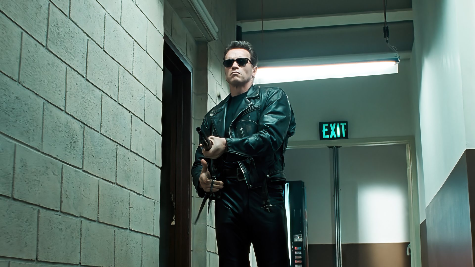 Terminator 2 Arnold Schwarzenegger Hallway T 800 Movies Film Stills Sunglasses Gun 1920x1080