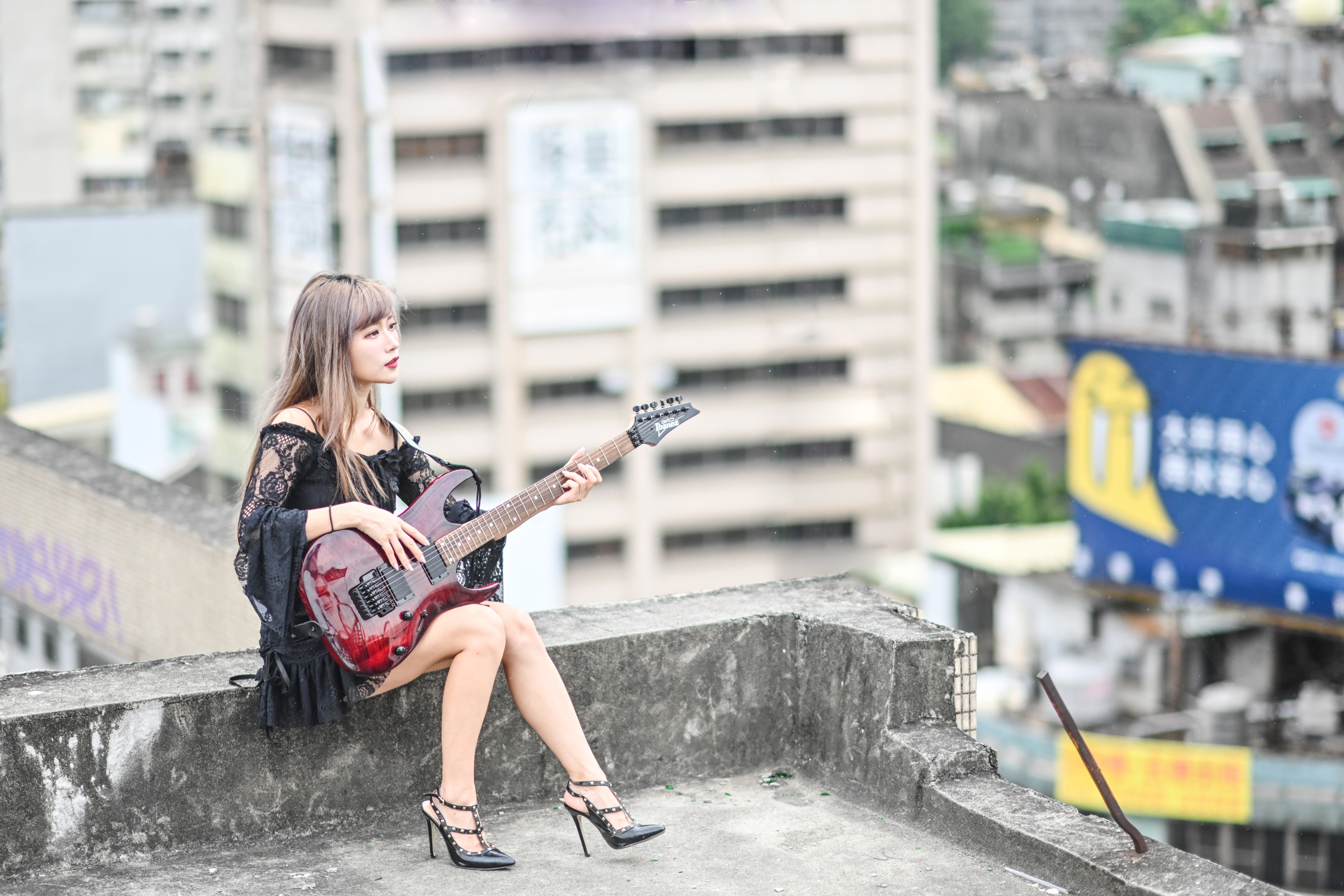 Asian Model Women Long Hair Dark Hair Sitting Guitar Rooftops 3280x2187