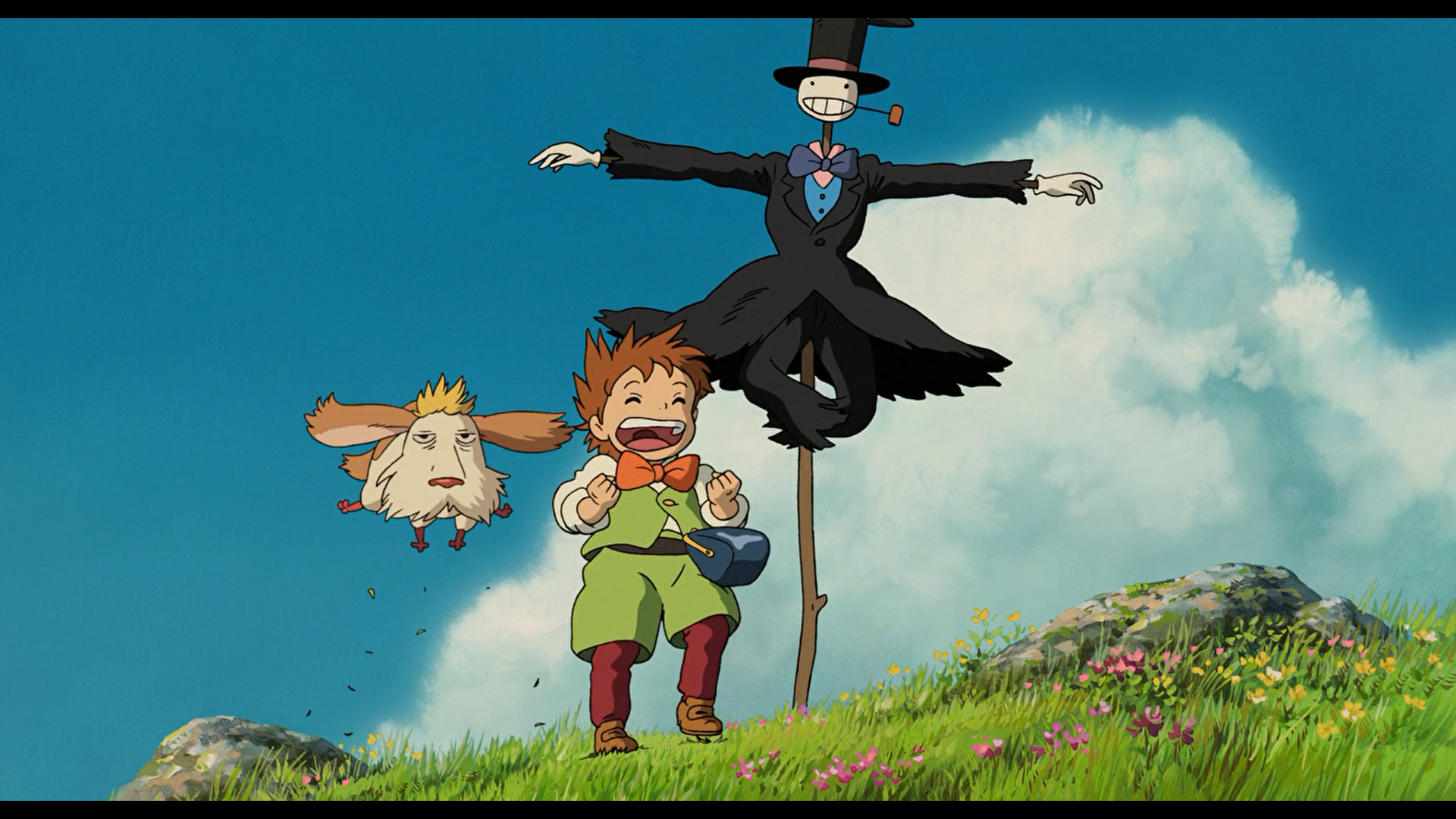 Howls Moving Castle Miyazaki Hayao Clear Sky Grass Rocks Smiling Open Mouth Dog Anime Anime Girls An 1920x1080