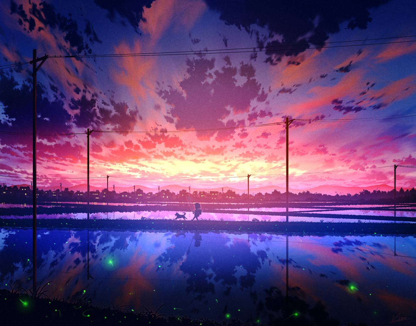 Anime Pixiv Reflection Sky Clouds Sunset Glow Water City Dog Animals 1416x1110