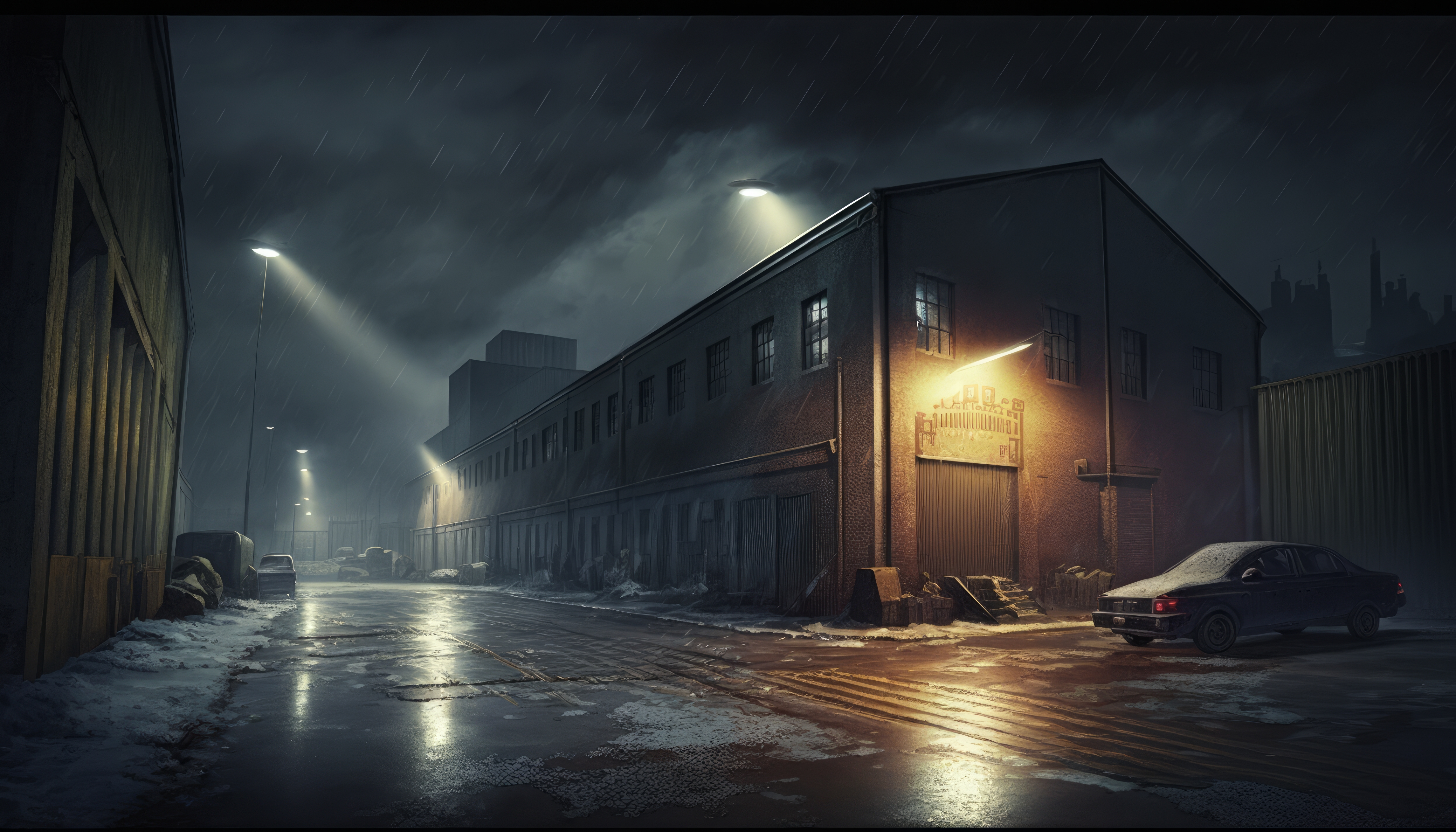Ai Art Illustration City Warehouse Street Light Taillights Street Building Night Rain 4579x2616