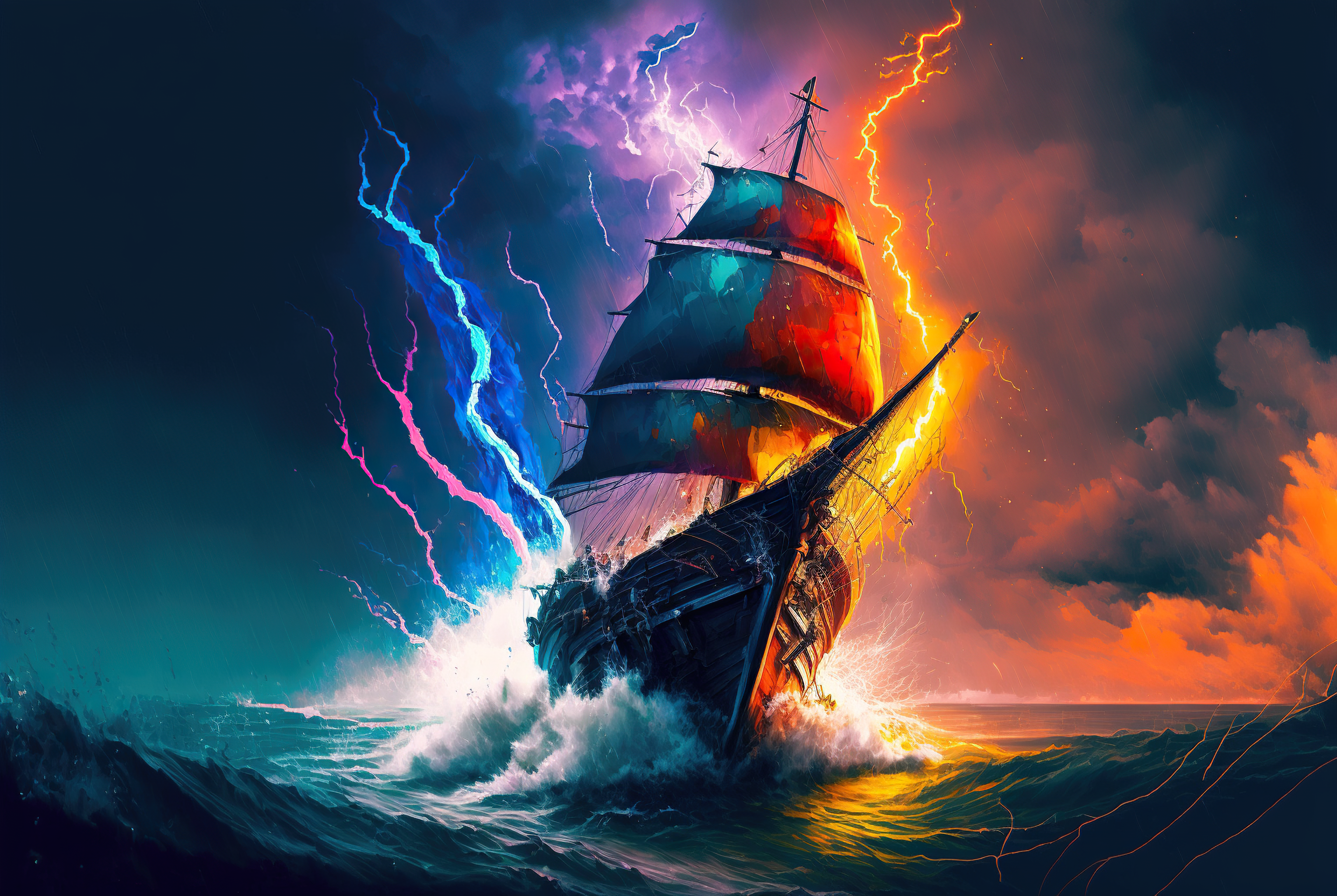 Midjourney Ship Ocean Battle Water Lightning Colorful Ai Art 3056x2048