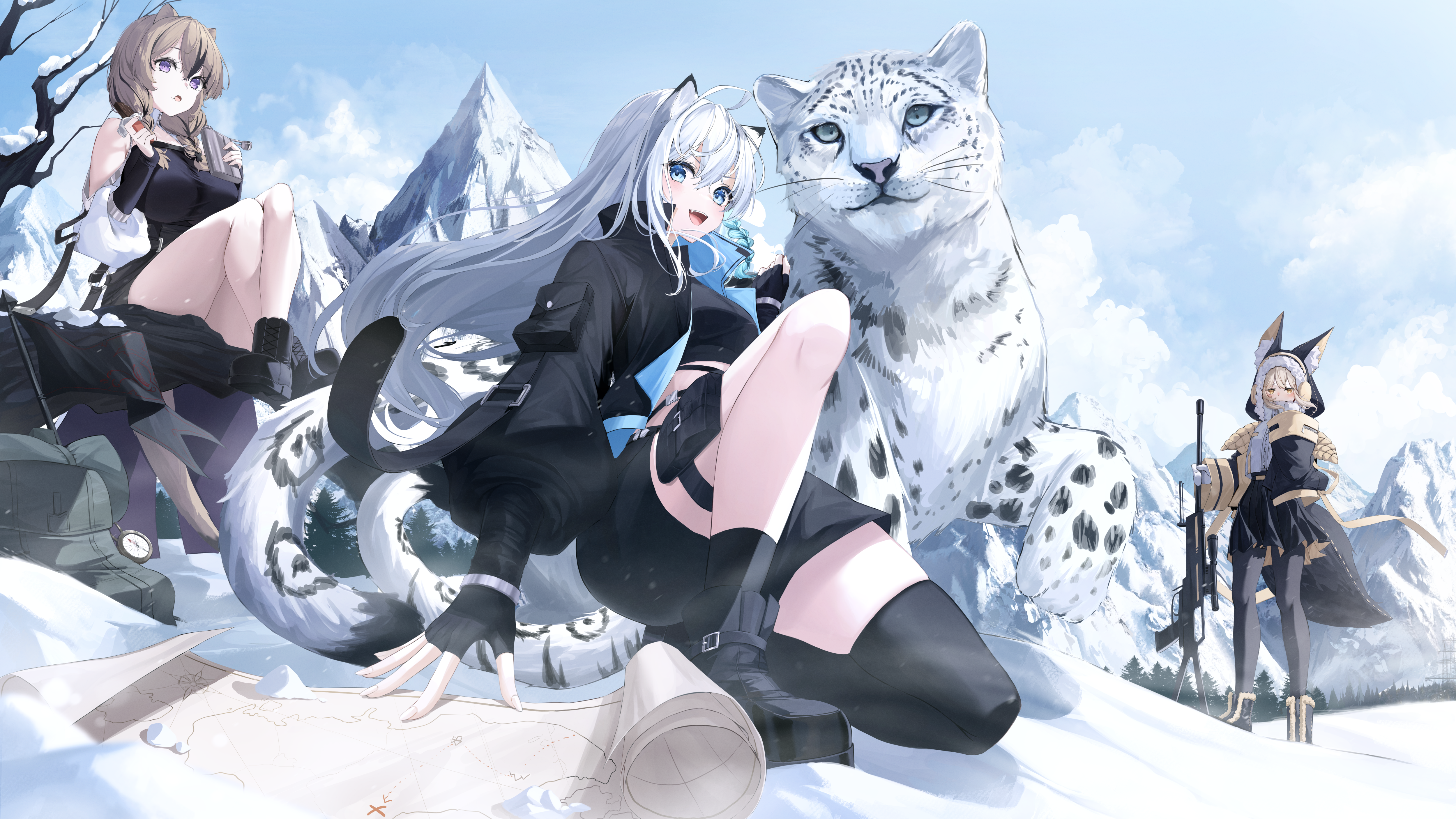 Anime Anime Girls Tiger Animals Snow Gloves Fingerless Gloves Mountains Sky Clouds Long Hair Animal  5000x2813