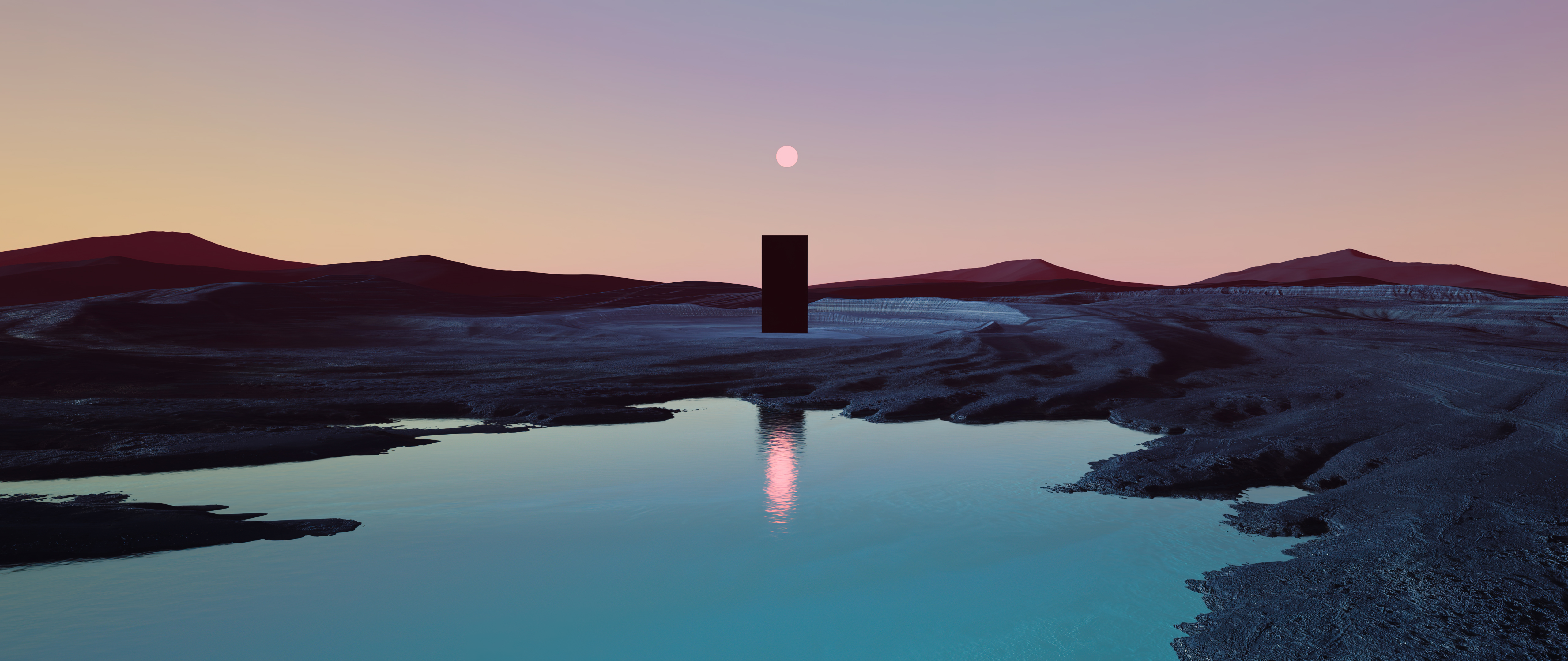 Landscape Abstract CGi Mountains Monolith Sunset Lake Reflection Ultrawide Nature Desert Surreal Sky 5120x2160