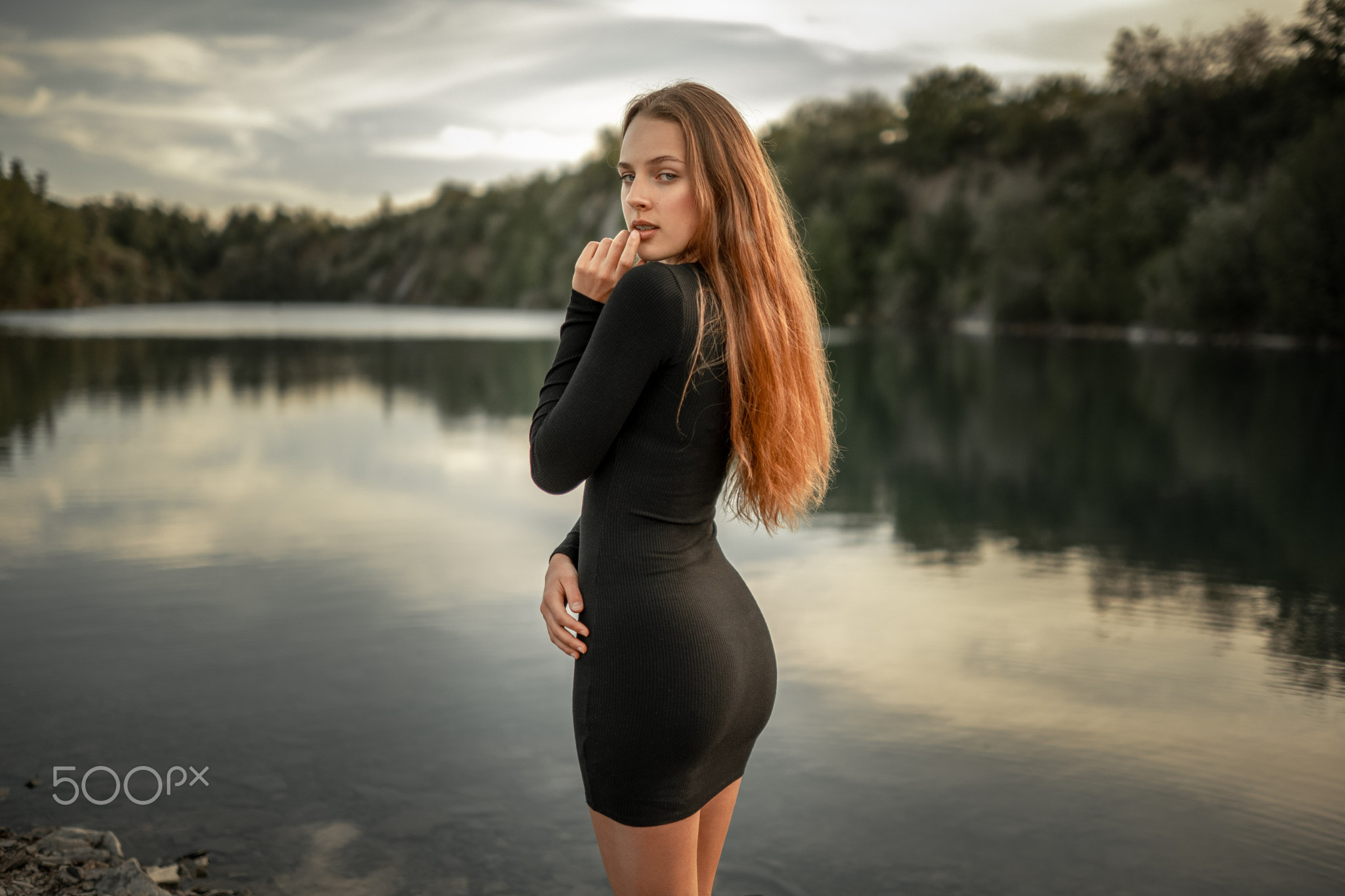 Jiri Tulach Women Redhead Long Hair Looking Back Dress Black Clothing Lake Water Model Women Outdoor 2048x1365