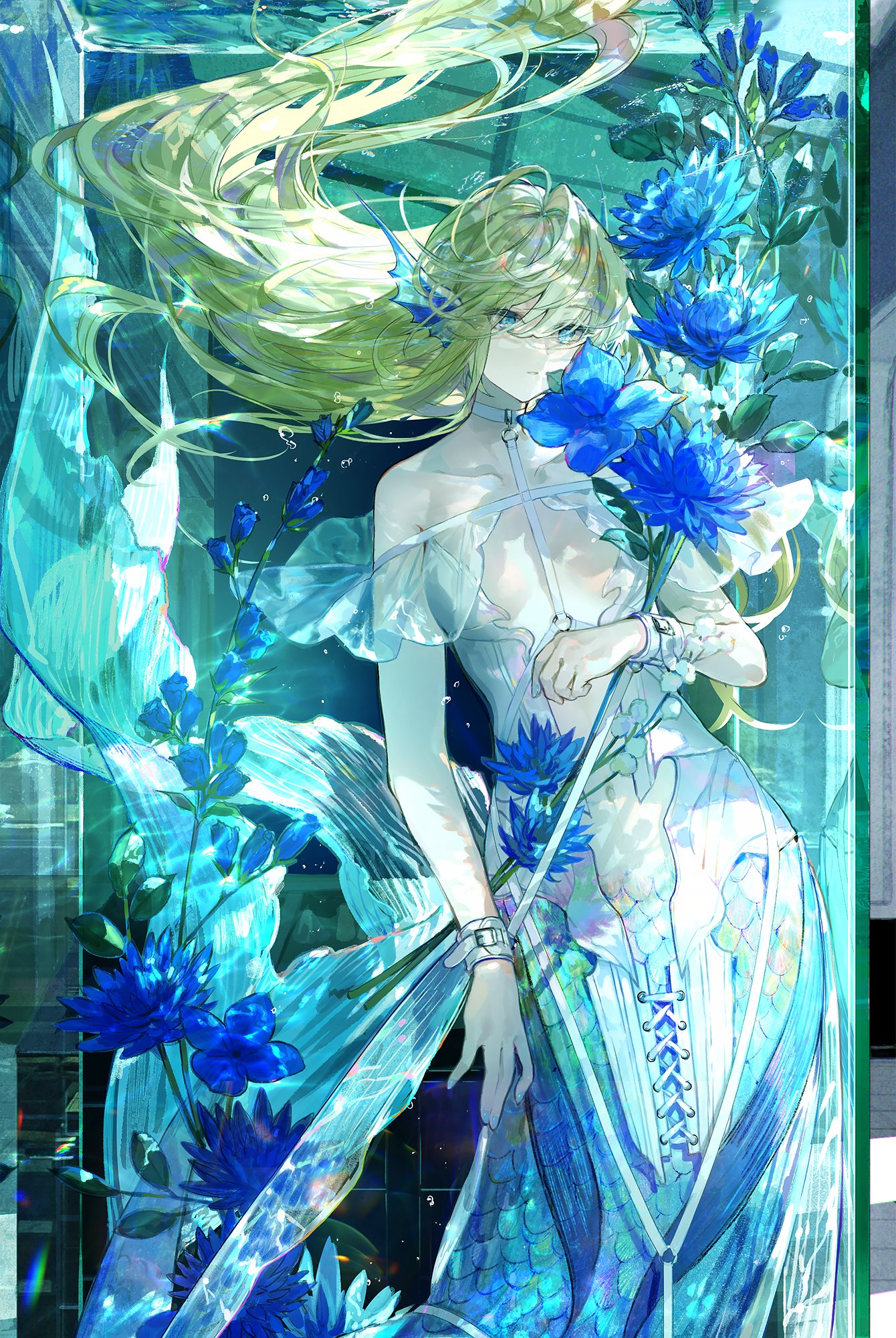 Anime Anime Girls Portrait Display Water Underwater Long Hair Flowers Dress Blonde Blue Eyes Bubbles 1340x2000