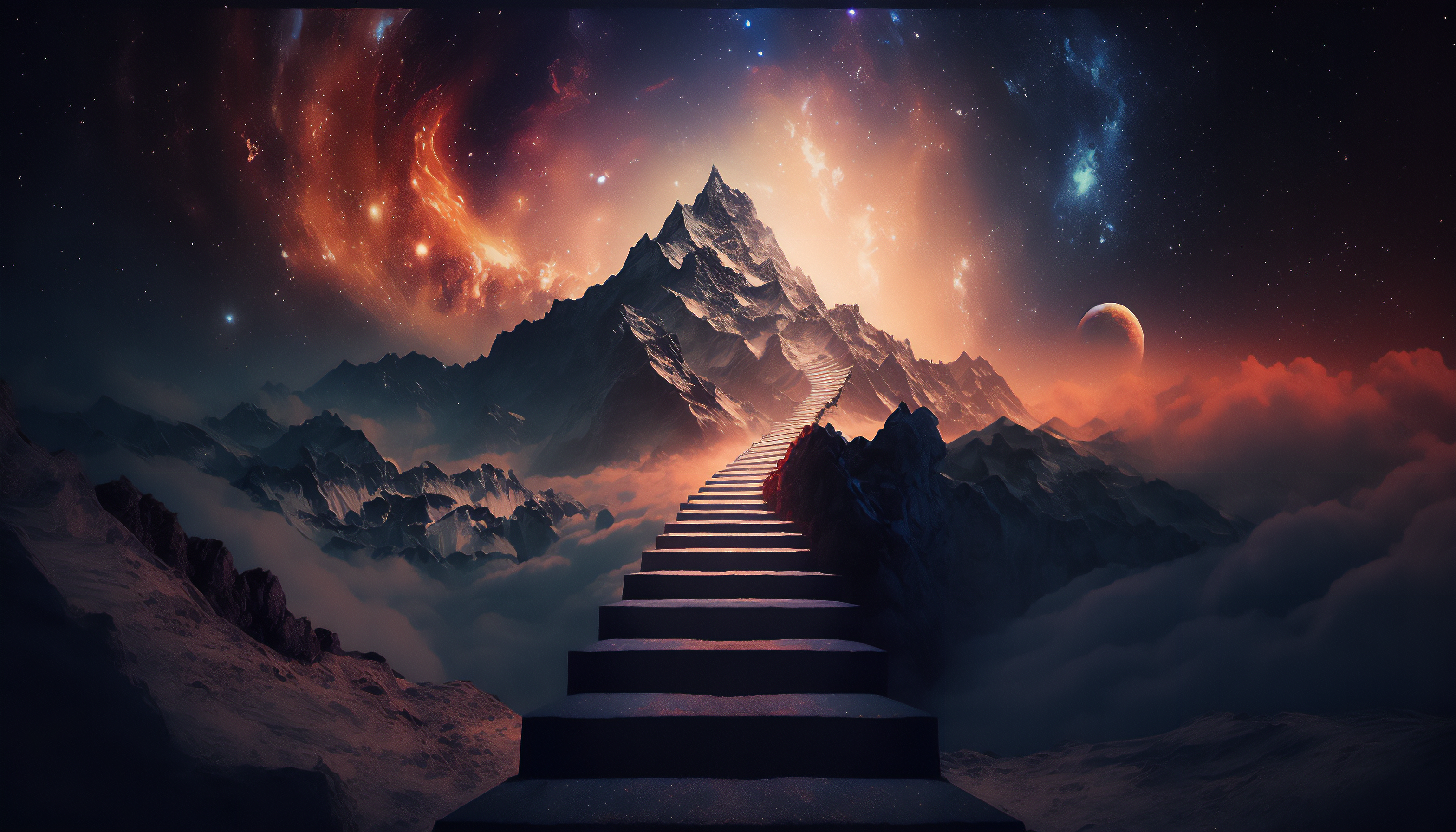 Ai Art Illustration Mountains Stairs Clouds Galaxy Stars 3136x1792