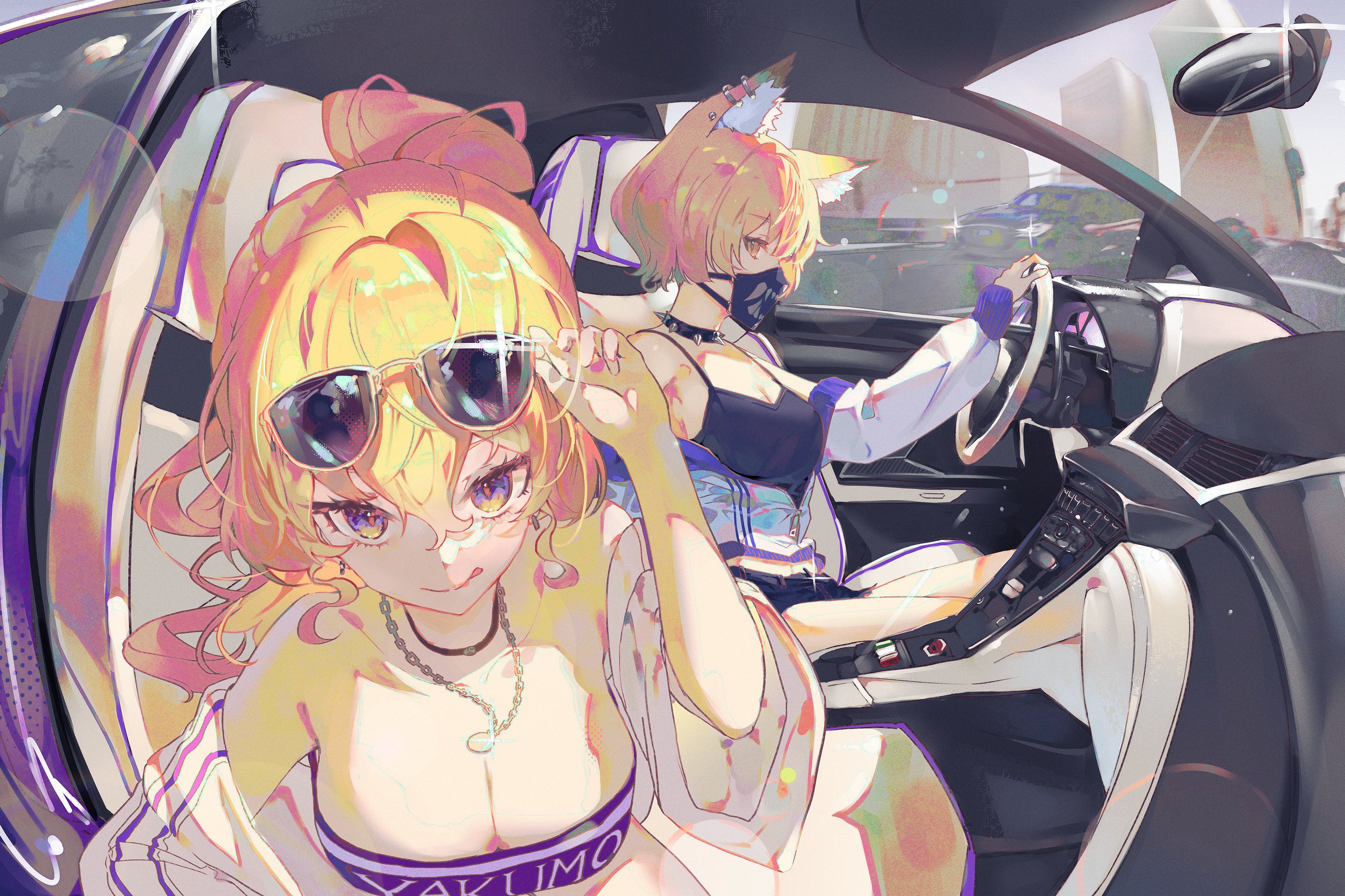 Anime Girls Car Sunglasses Blonde Tongue Out Necklace Looking At Viewer Mask Yakumo Yukari Touhou Ya 3157x2104