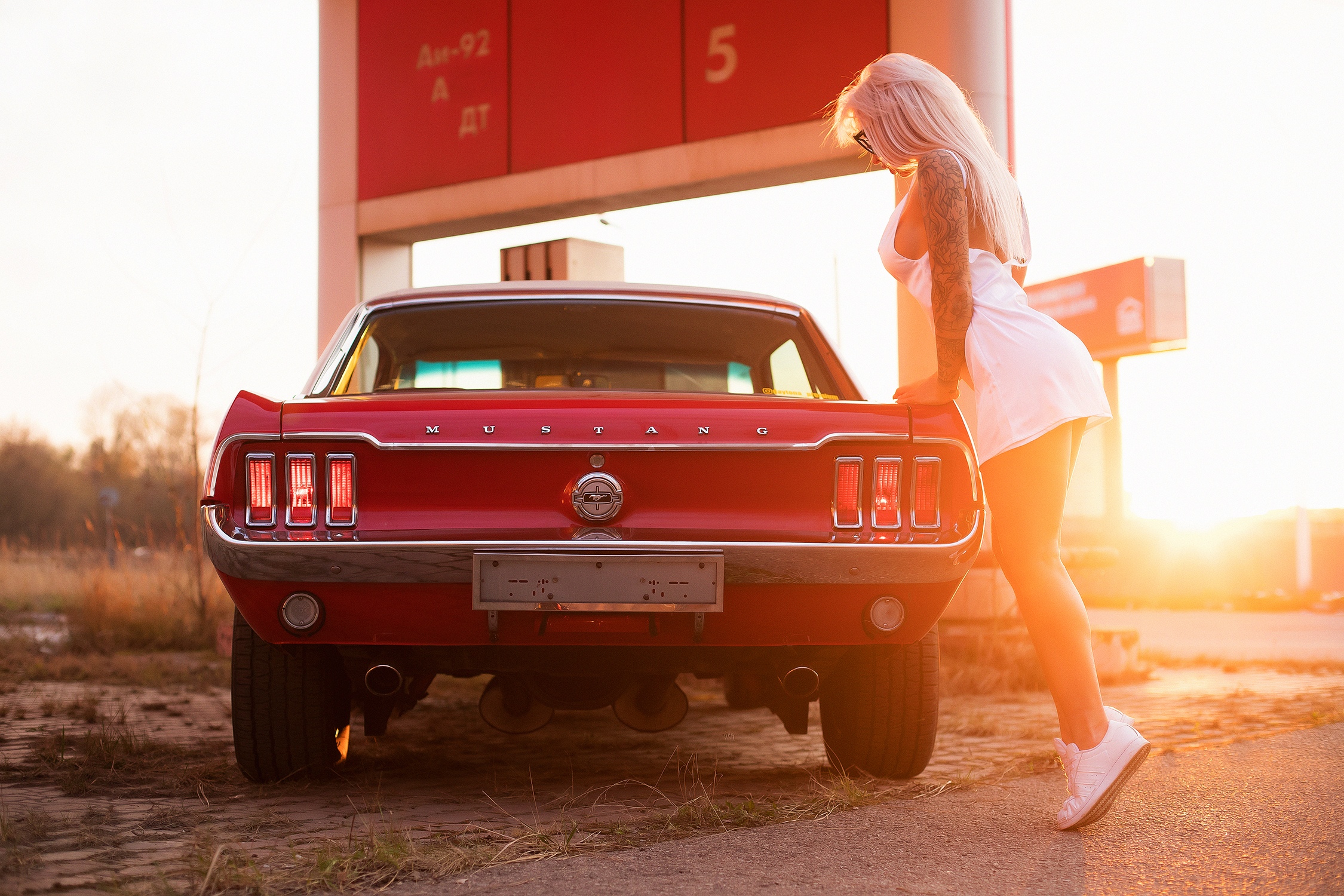 Women Model Blonde Women Outdoors Ford Mustang Muscle Cars Red Cars Classic Car Tattoo White Dress D 2250x1500