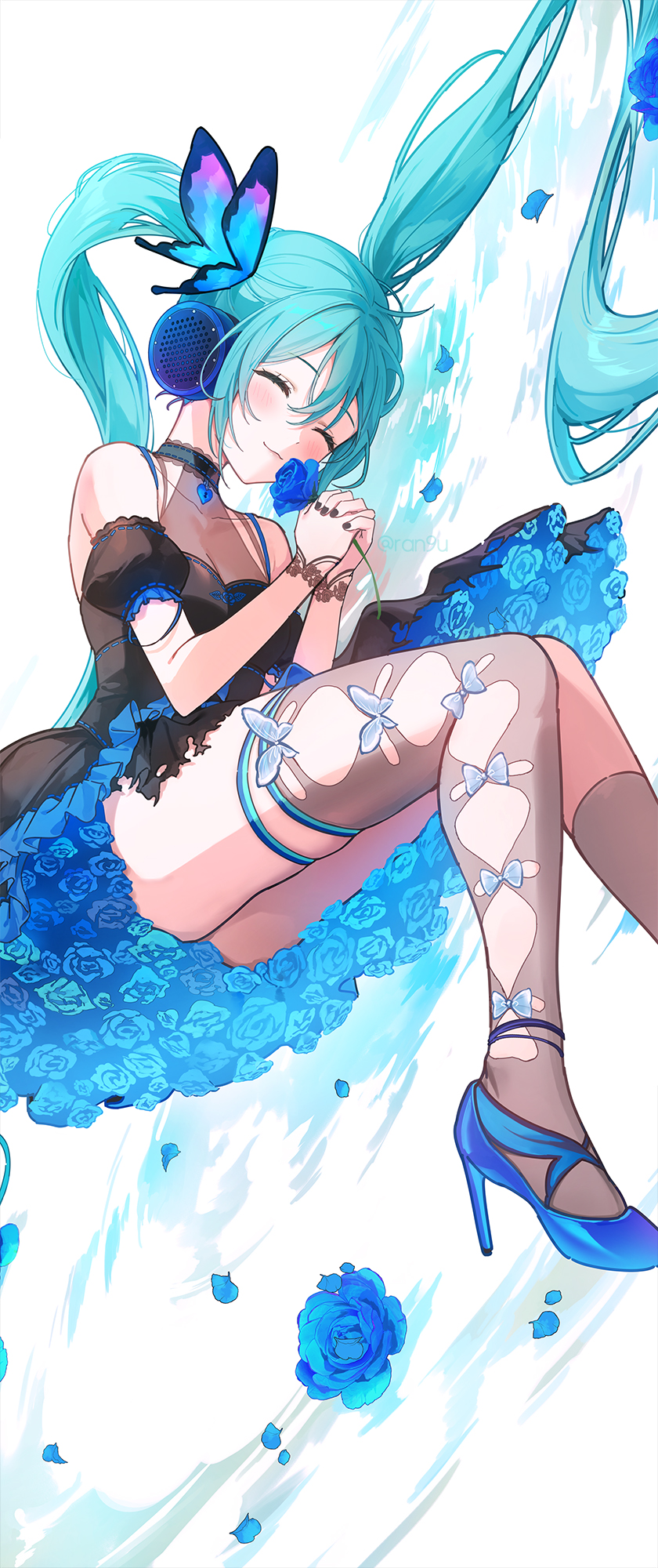 Hatsune Miku Anime Girls Portrait Display Vocaloid Twintails Blue Hair Closed Eyes Blue Rose Petals  840x2000