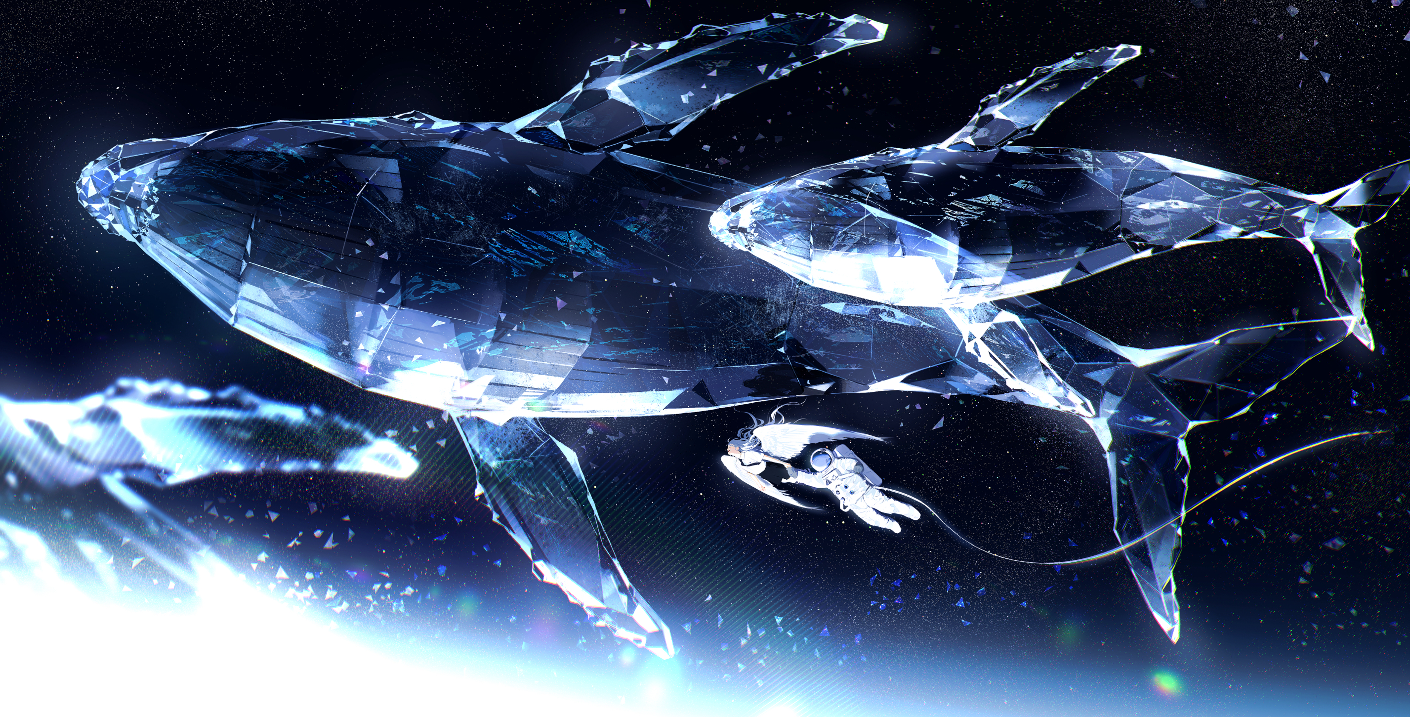 Anime Anime Girls Whale Animals Spacesuit Space Stars Wings Angel Flying Whales 2854x1451