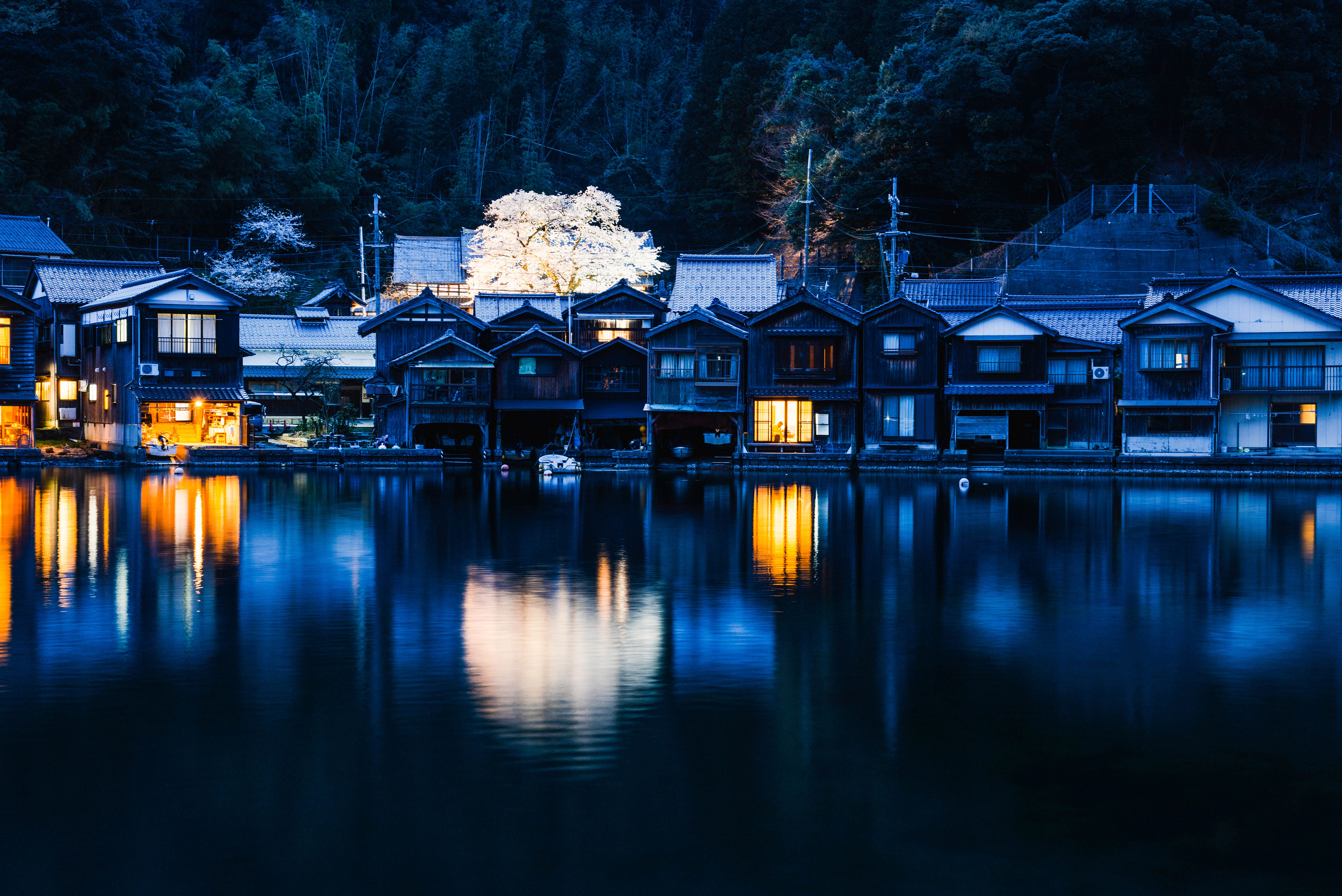 Japan Inverted Water Reflection Night Building Lights 4765x3182